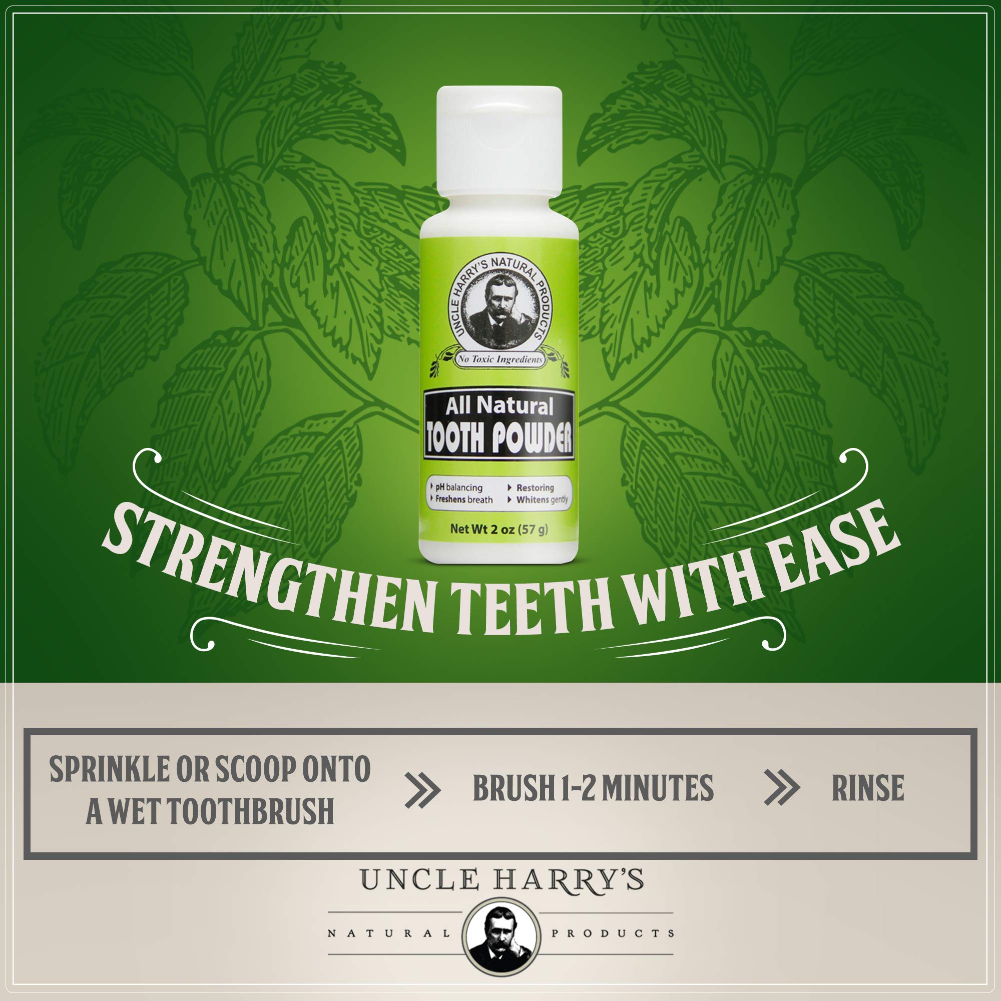 Uncle Harry's All Natural Tooth Powder - Alkalizing Remineralizing Enamel Support & Whitening Toothpaste for Sensitive Teeth - Powder Toothpaste for Gum Health & Fresh Breath (2 oz) | Natural Oral Care for Daily Use at Home & Travel