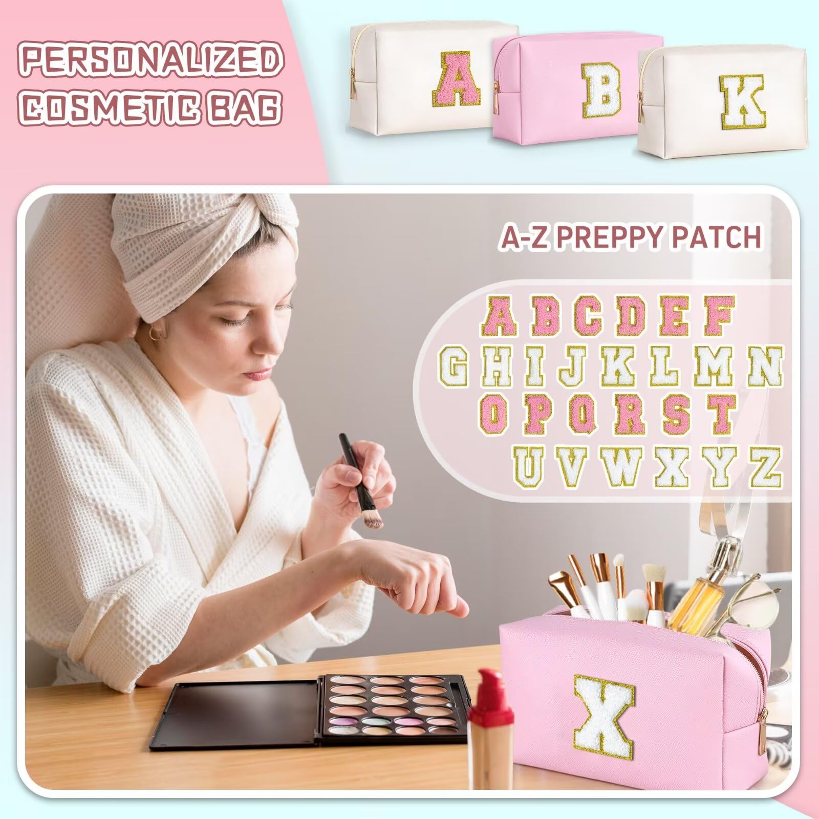 TOPEAST Preppy Patch Makeup Bag - Chenille Letter Cosmetic Pouch, Waterproof PU Leather Toiletry Bag for Women | Personalized Birthday Gift for Girls, Teens & Women | Perfect for Travel, Gym & Daily Use (Pink B)