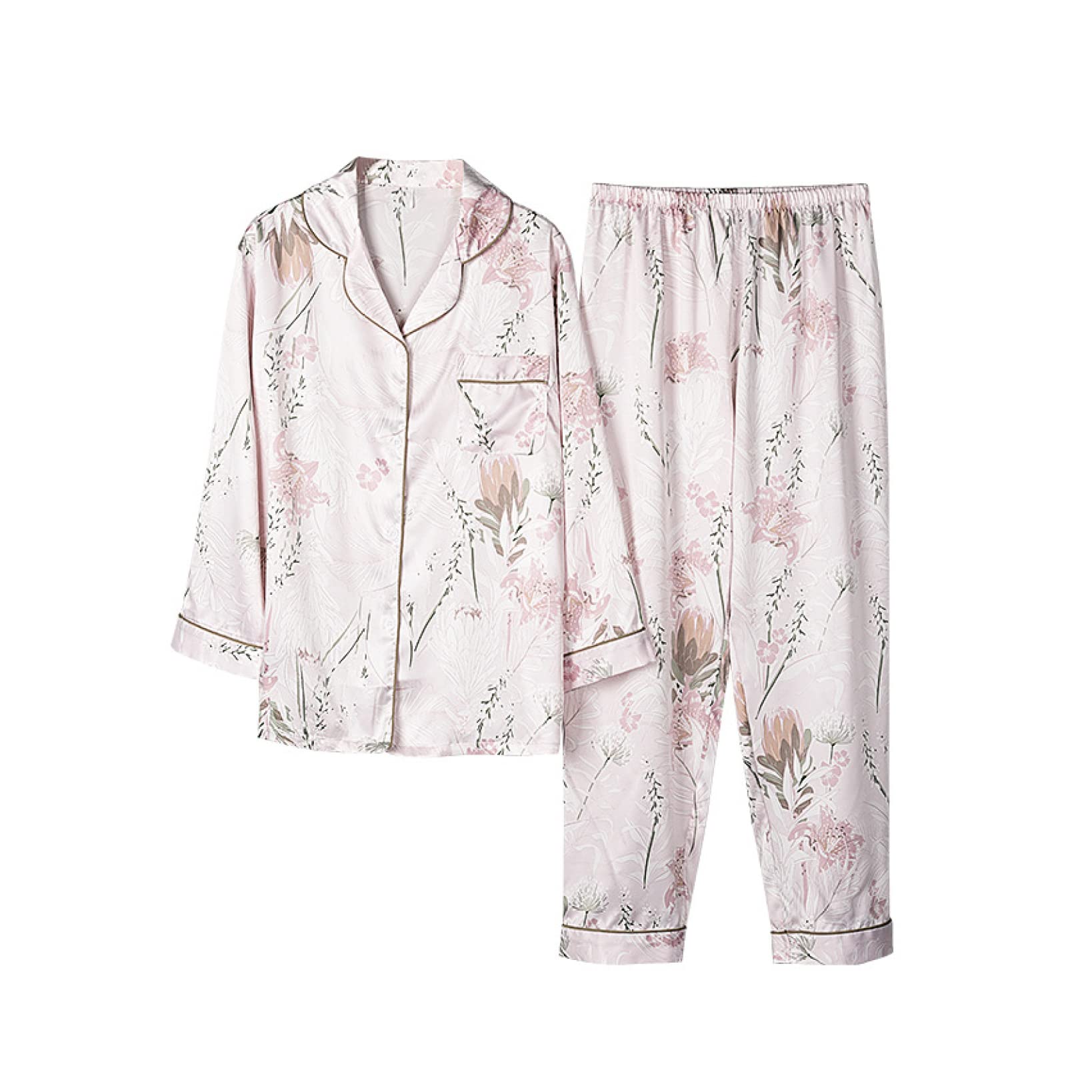Silk Satin Pajama Set for Women - Long Sleeve Button Down Sleepwear with Floral Print, Soft Lounge Wear in Pink | Perfect for Sleeping, Relaxing at Home & Gift Giving