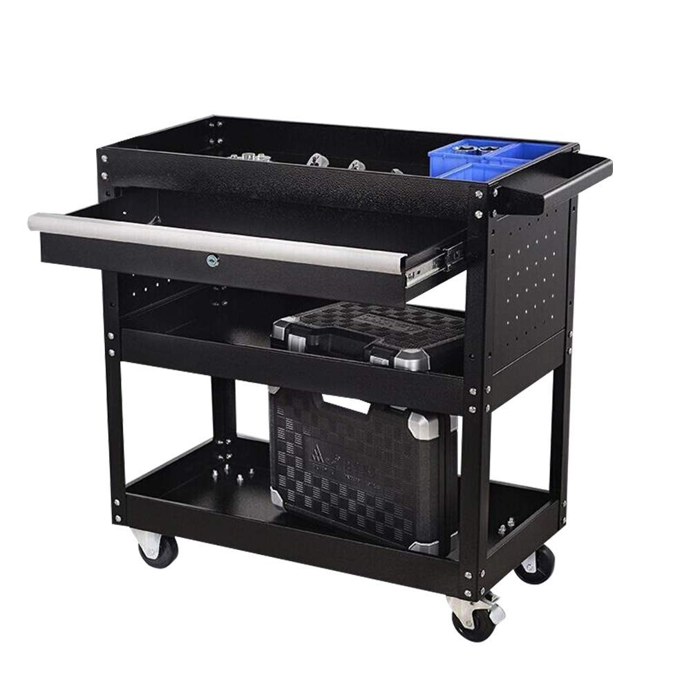 3-Tier Heavy Duty Black Oversized Tool Cart with Drawer - Rolling Storage Organizer Trolley with Wheels & Deep Shelves - Metal Locking Utility Cart for Warehouse, Garage, Office & Cleaning Supplies (Dark Black) - Perfect for Mechanics, DIY Projects & Workshop Organization