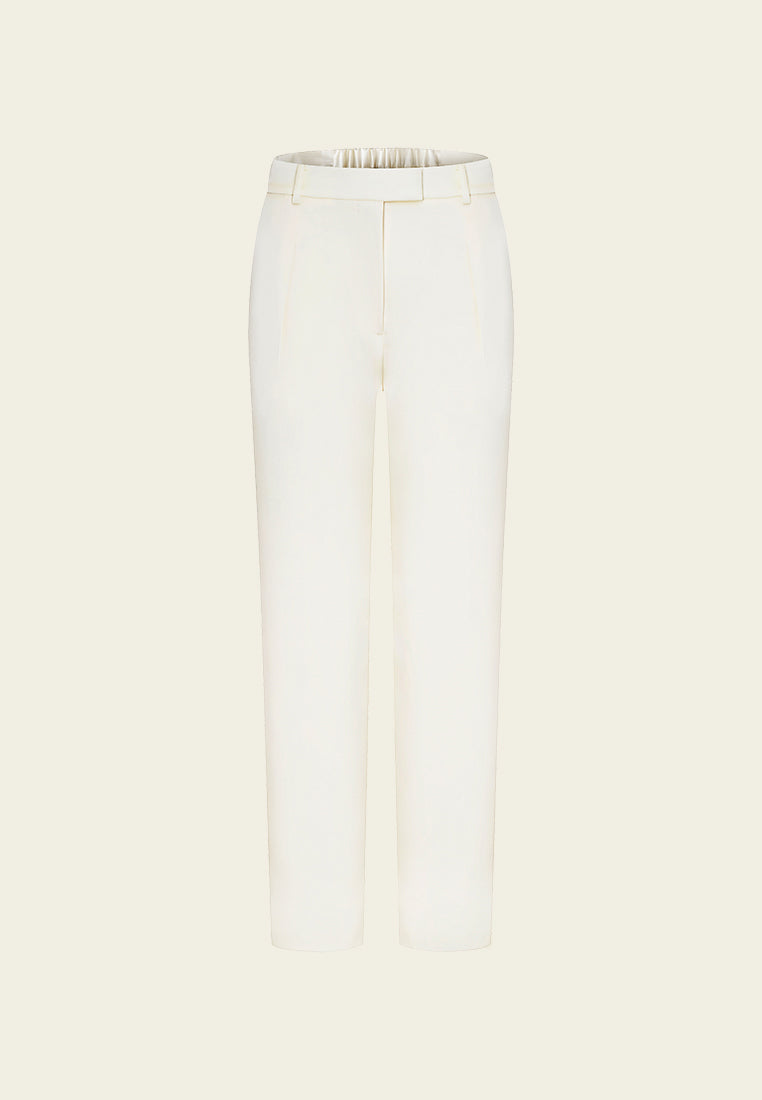 White Sheen Straight Leg Tailored Pants with Elastic Waistband - Comfortable Office Wear & Business Casual Pants for Women