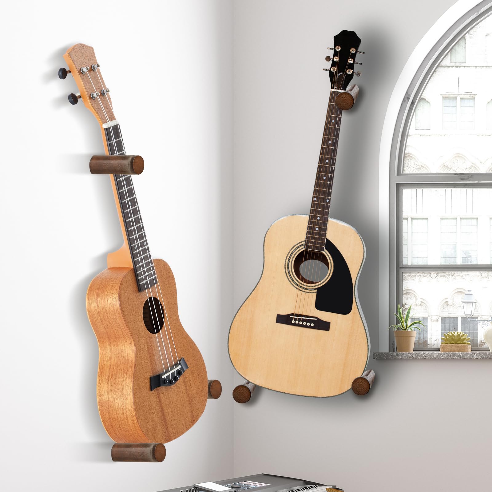 6 Pack Solid Wood Guitar Wall Hangers - Horizontal Guitar Wall Mount Hook Stand for Acoustic, Electric Guitar, Banjo, Bass & Mandolin | Durable Brown Wooden Display Rack with Screws | Perfect for Home, Studio & Music Store Decor