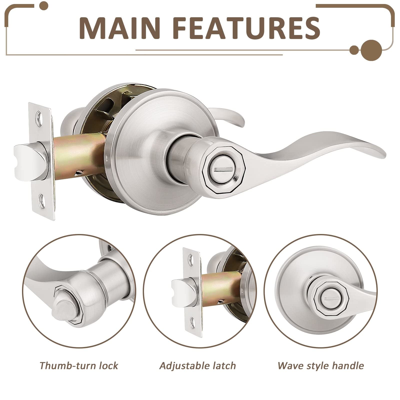 Probrico 6-Pack Privacy Door Lever with Thumb Turn Lock - Keyless Satin Nickel Finish Wave Door Handle Set for Bedroom & Bathroom Doors (Reversible Right/Left Handed) - Perfect for Home, Office, and Rental Property Security