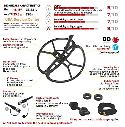NEL Attack 15 x 15 DD Search Coil for Fisher F-5, F-11, F-22, F-44, Gold Bug & Gold Bug Pro Metal Detectors - Enhanced Depth & Sensitivity for Beach, Field & Treasure Hunting