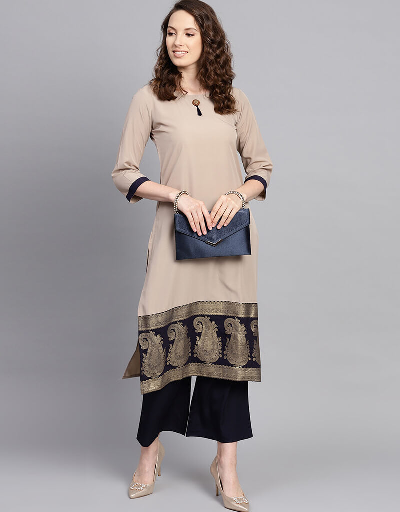 Elegant Beige Crepe Suit Palazzo Set for Women - Formal Office Wear & Evening Party Outfit - Comfortable Wide Leg Pants & Matching Blazer Set