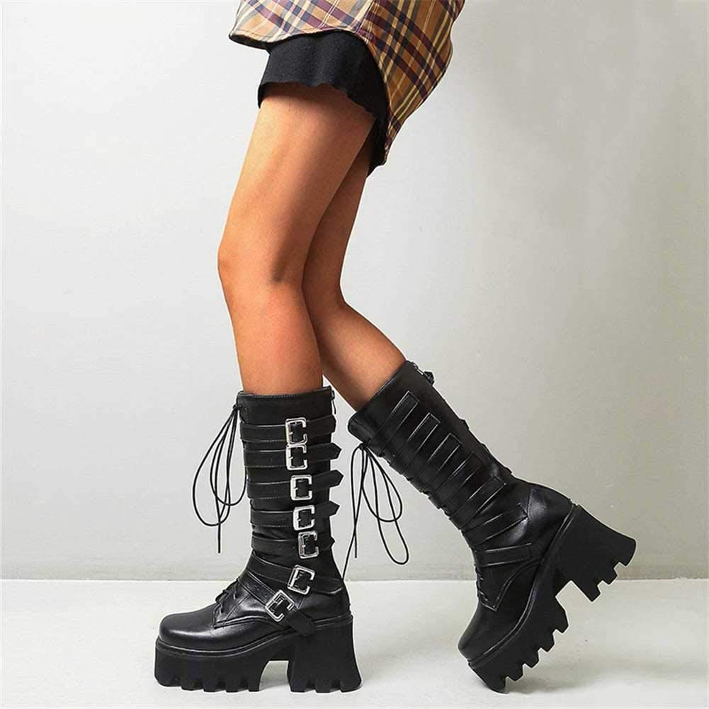 Women's Studded Mid Calf Combat Boots - Thick Platform Round Toe Punk Gothic Boots with Buckle & Rivet Details - Perfect for Halloween, Concerts & Edgy Street Style