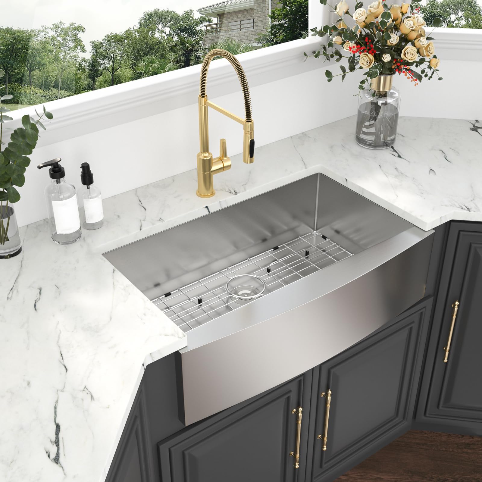 Kichae 33 Inch Farmhouse Kitchen Sink - 16 Gauge Stainless Steel Apron Front Single Bowl with Deep Basin | Handmade Farm Style Design for Rustic & Modern Kitchens | Perfect for Country Homes, Renovations & Chef Cooking Spaces