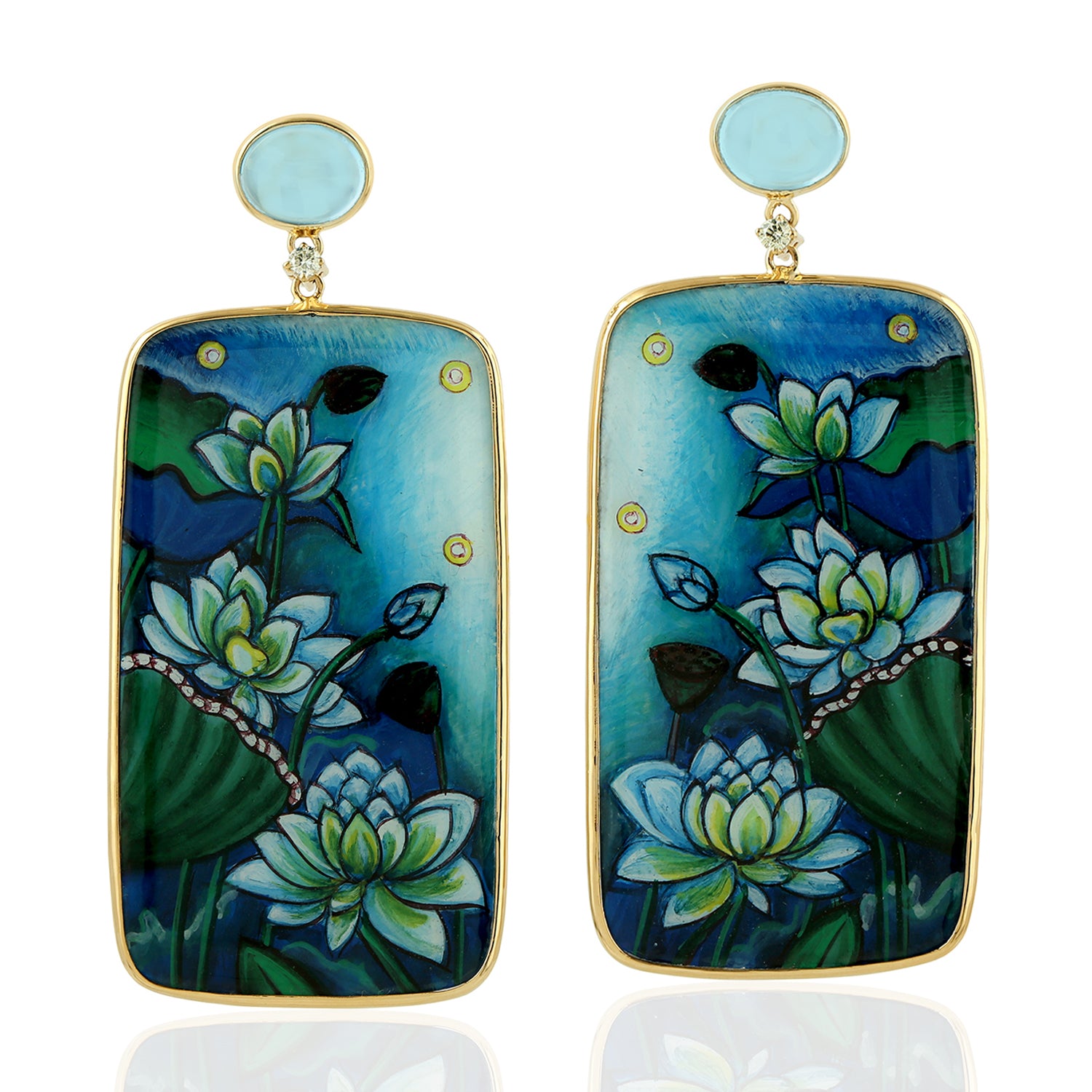 18K Yellow Gold Blue Topaz Dangle Earrings with Mother of Pearl Bezel & Diamond Accents – Perfect for Weddings, Parties & Special Occasions