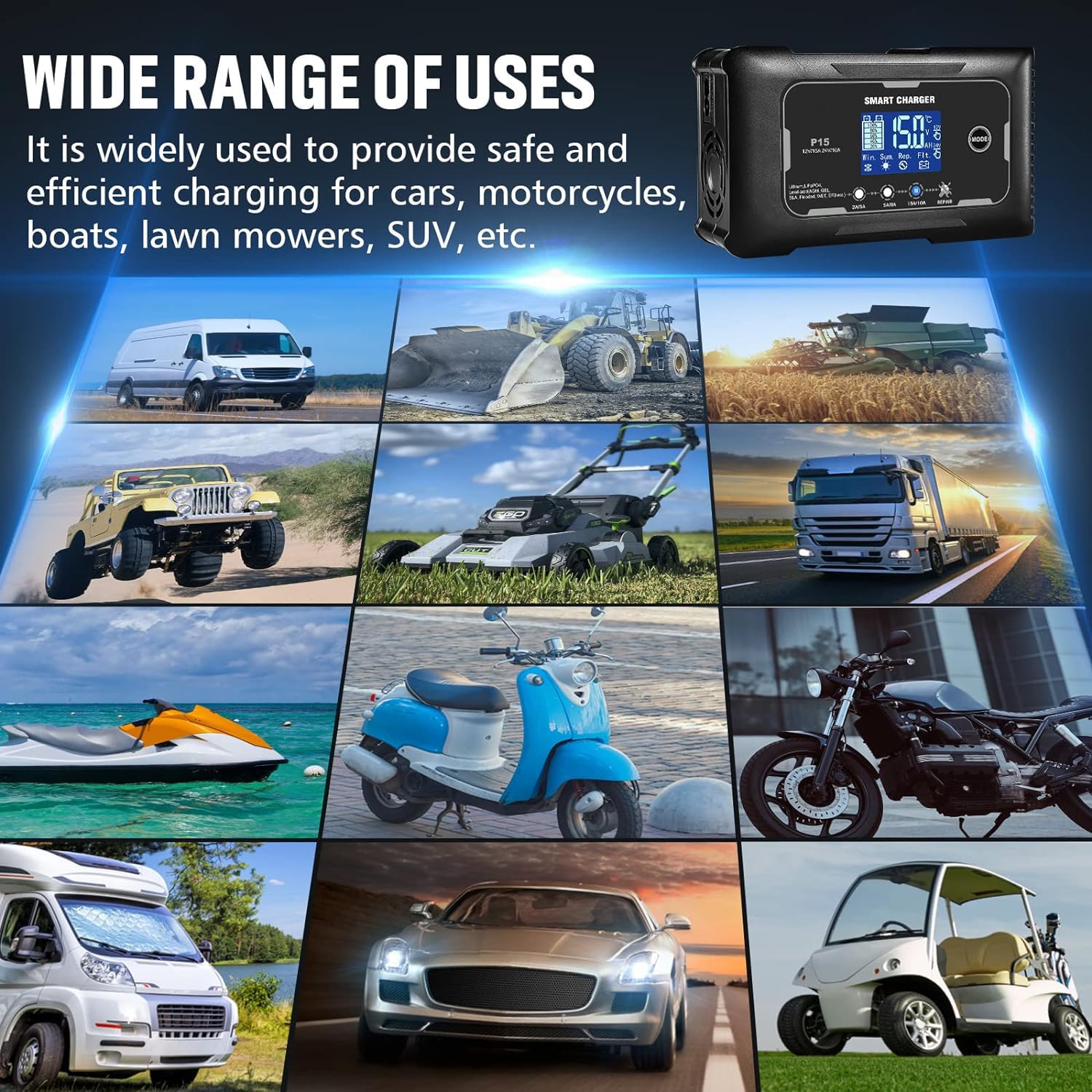 15A Smart LiFePO4 Battery Charger - 12V/24V Fully Automatic Charger for AGM/Gel/SLA/Lead-Acid & Lithium Iron Batteries - Pulse Repair & Deep Cycle Maintenance - Perfect for Cars, Boats, RVs & Solar Power Systems