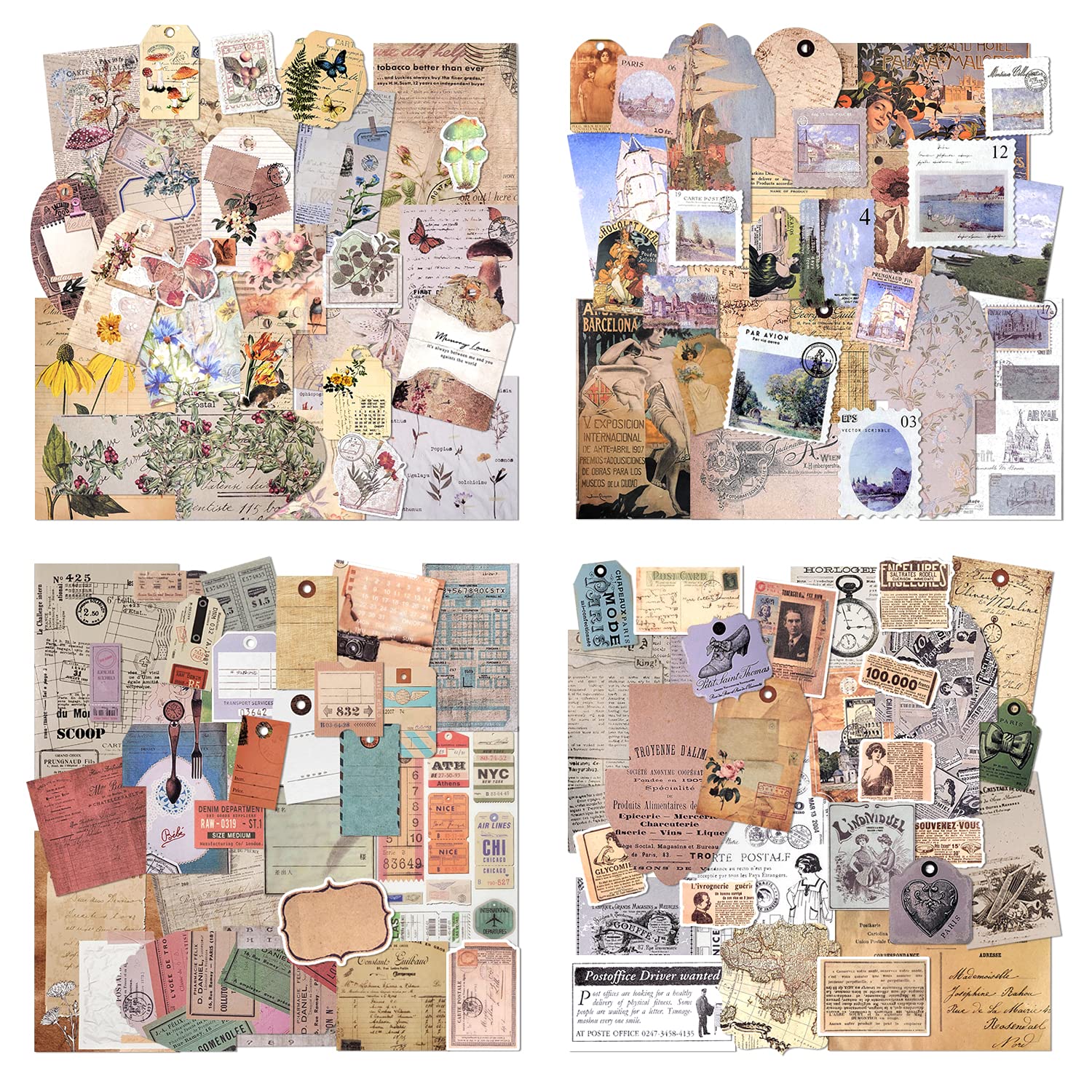 Vintage Scrapbook Paper Set - 4 Pack Decorative Craft Paper with Stickers for Card Making, DIY Art Projects, Gift Wrapping & Collage - Romantic Floral Pattern (Single-Sided, Various Sizes) | Perfect for Wedding Invitations, Memory Books & Home Decor