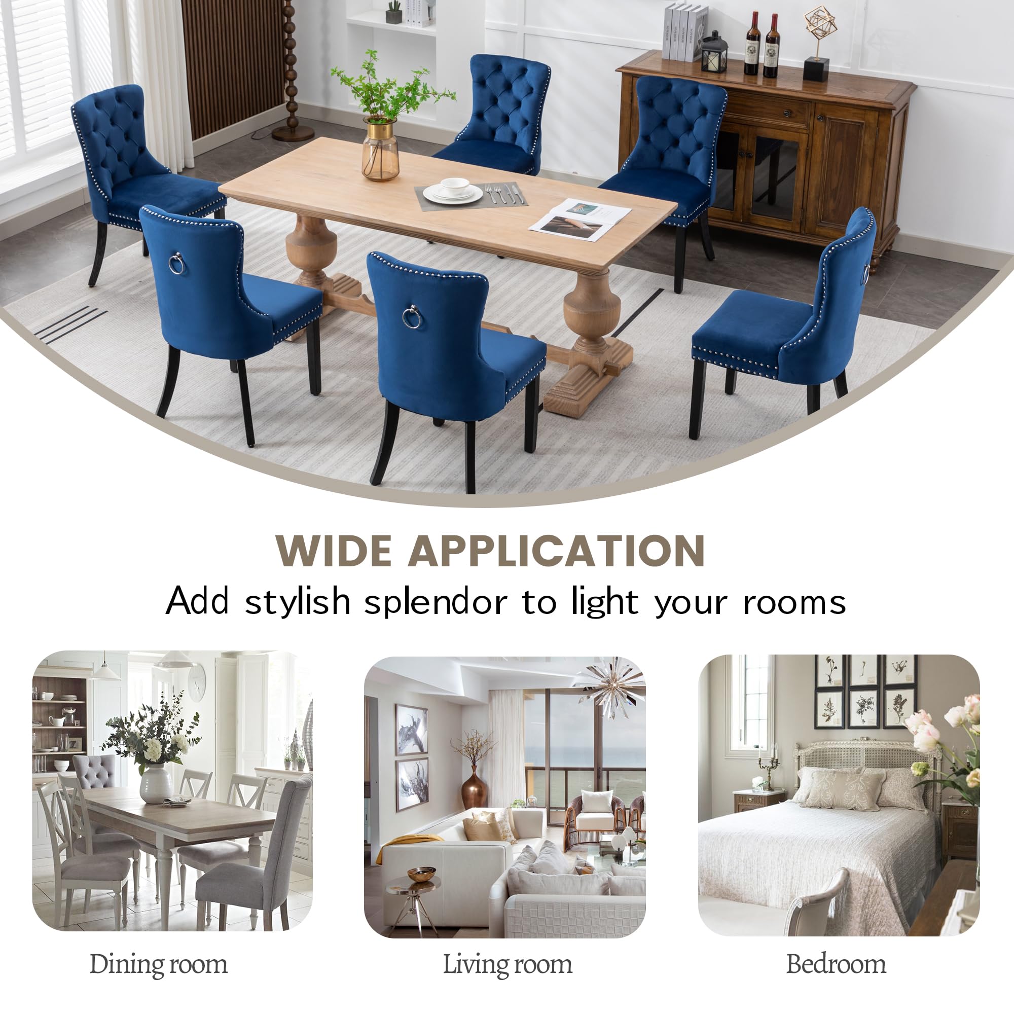Luxury Velvet Dining Chairs Set of 6 - Modern Upholstered Tufted Kitchen Chairs with Nailhead Trim & Solid Wood Legs, Nikki Collection in Elegant Blue | Perfect for Dining Room, Kitchen, and Entertaining Guests