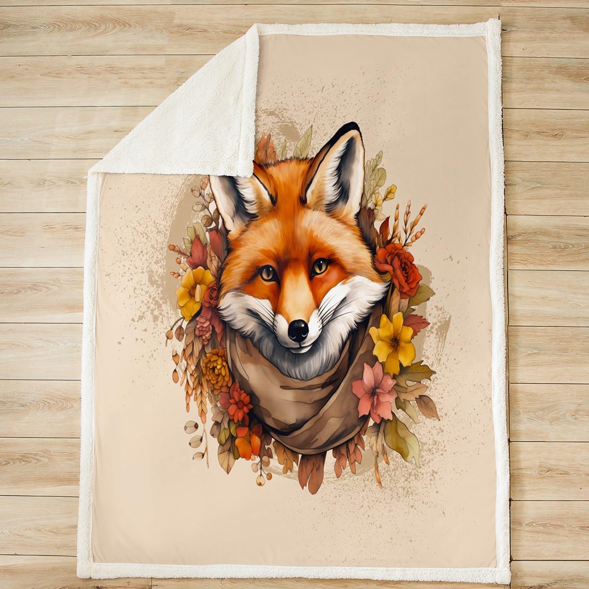 Cartoon Fox Fleece Throw Blanket - 3D Animal Print Sherpa Plush Blanket for Kids & Adults (90x90 Inch Queen Size) - Cozy Woodland Fox Design for Sofa, Bed, Couch & Winter Nights