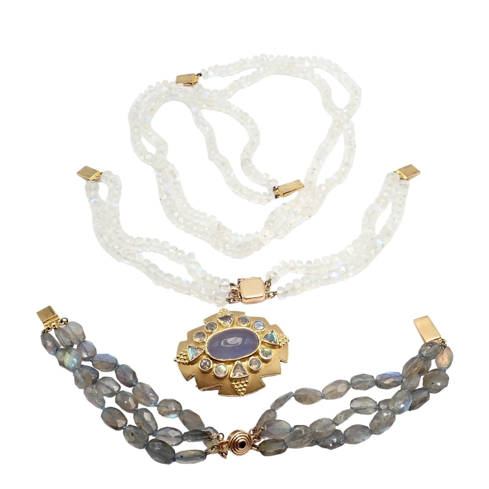 Paula Crevoshay 18k Gold Moonstone Chalcedony Jewelry Set - Brooch, Bracelet & Necklace OOAK for Special Occasions & Luxury Gifts