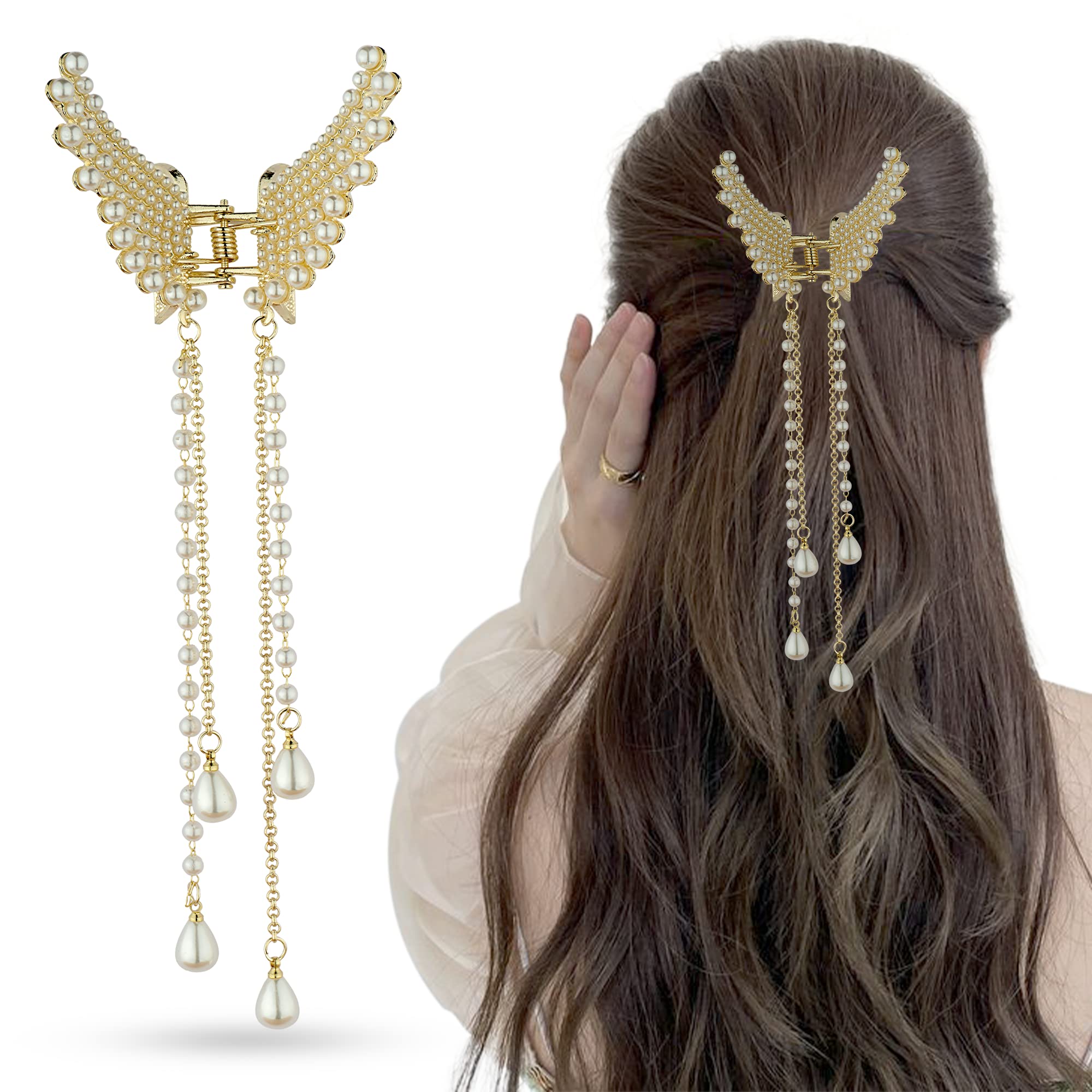 TRESOR Pearl Hair Clips for Women - Elegant Tassel Butterfly Metal Hair Claws, Stylish Hair Accessories for Parties, Weddings & Everyday Use