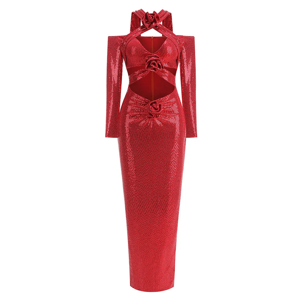 2024 New Autumn Red Sequin Long Sleeve Sexy Halter Bodycon Mermaid Dress for Women - Wedding, Party & Special Occasions