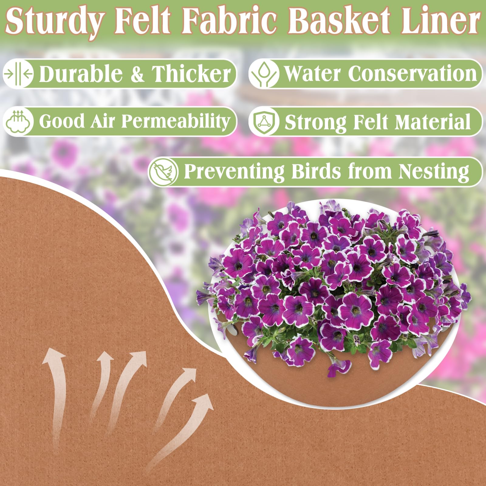 10 Inch Felt Hanging Basket Liners (2 Pack) - Round Fabric Planter Basket Liner for Flowers & Plants - Eco-Friendly Coco Liner Alternative - Bird Nesting Prevention - Perfect for Indoor/Outdoor Hanging Baskets, Balconies & Garden Decor