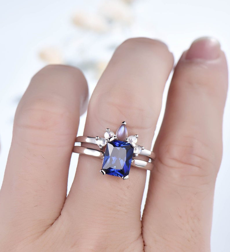 Solitaire Blue Emerald Sapphire Moonstone Engagement Ring Set - 2 Piece Wedding Band for Women, Vintage Bridal Jewelry | Perfect for Proposals, Anniversaries & Special Occasions