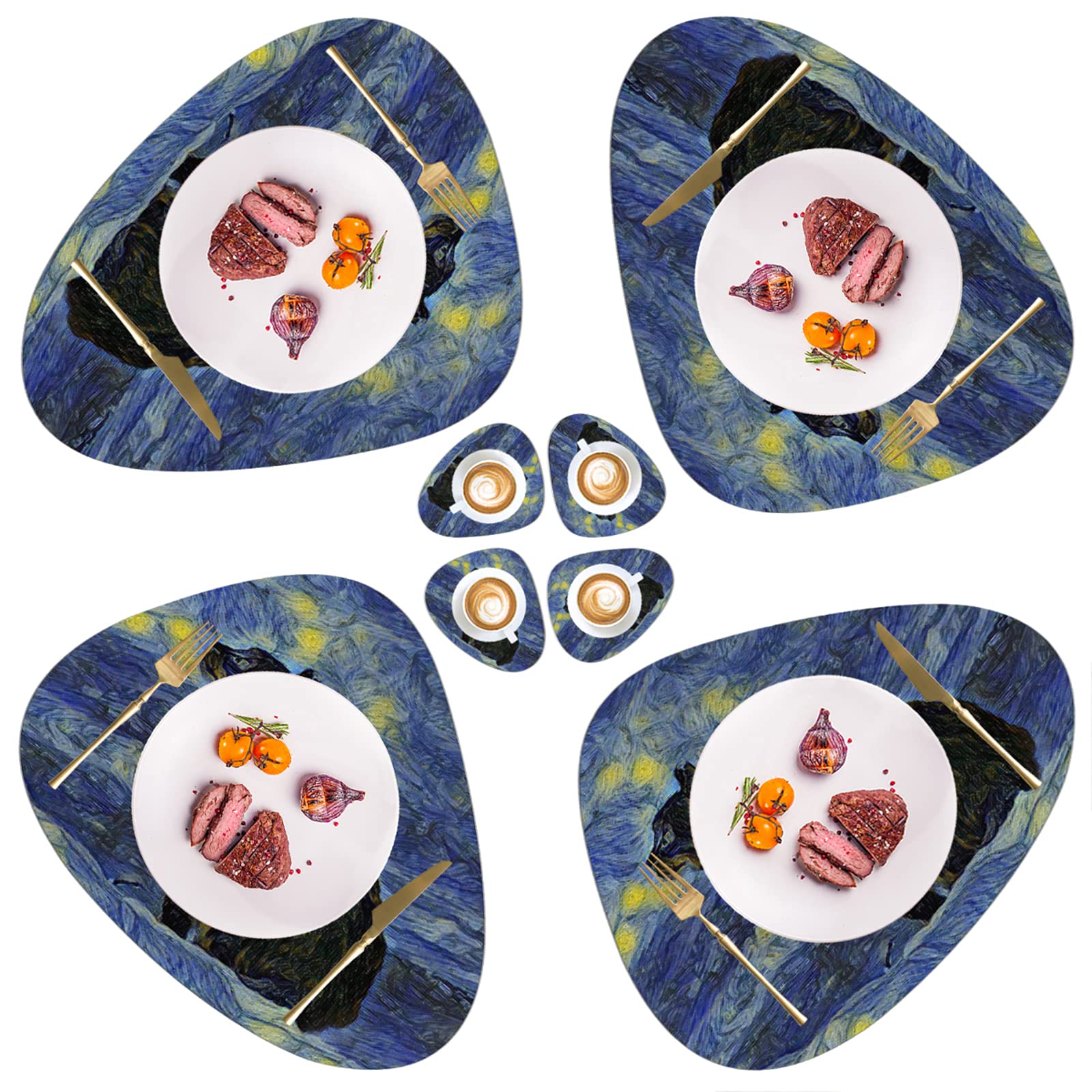 Cat Universe Leather Placemats and Coasters Set - Heat Resistant, Non-Slip, Washable & Waterproof Round Placemat for Dining Table - Perfect for Dinner Parties, BBQ, Holidays & Home Decor (Van Gogh Starry Sky Design)