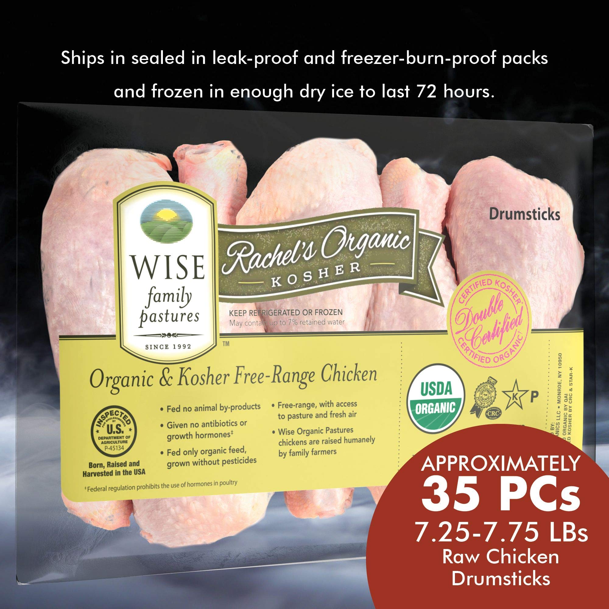 Organic Free Range Chicken Drumsticks - Bone-in Skin-on, Glatt Kosher, Non-GMO, Double Certified (7.25-7.75 lbs, ~35 Pieces) - Perfect for Grilling, Roasting & Family Dinners