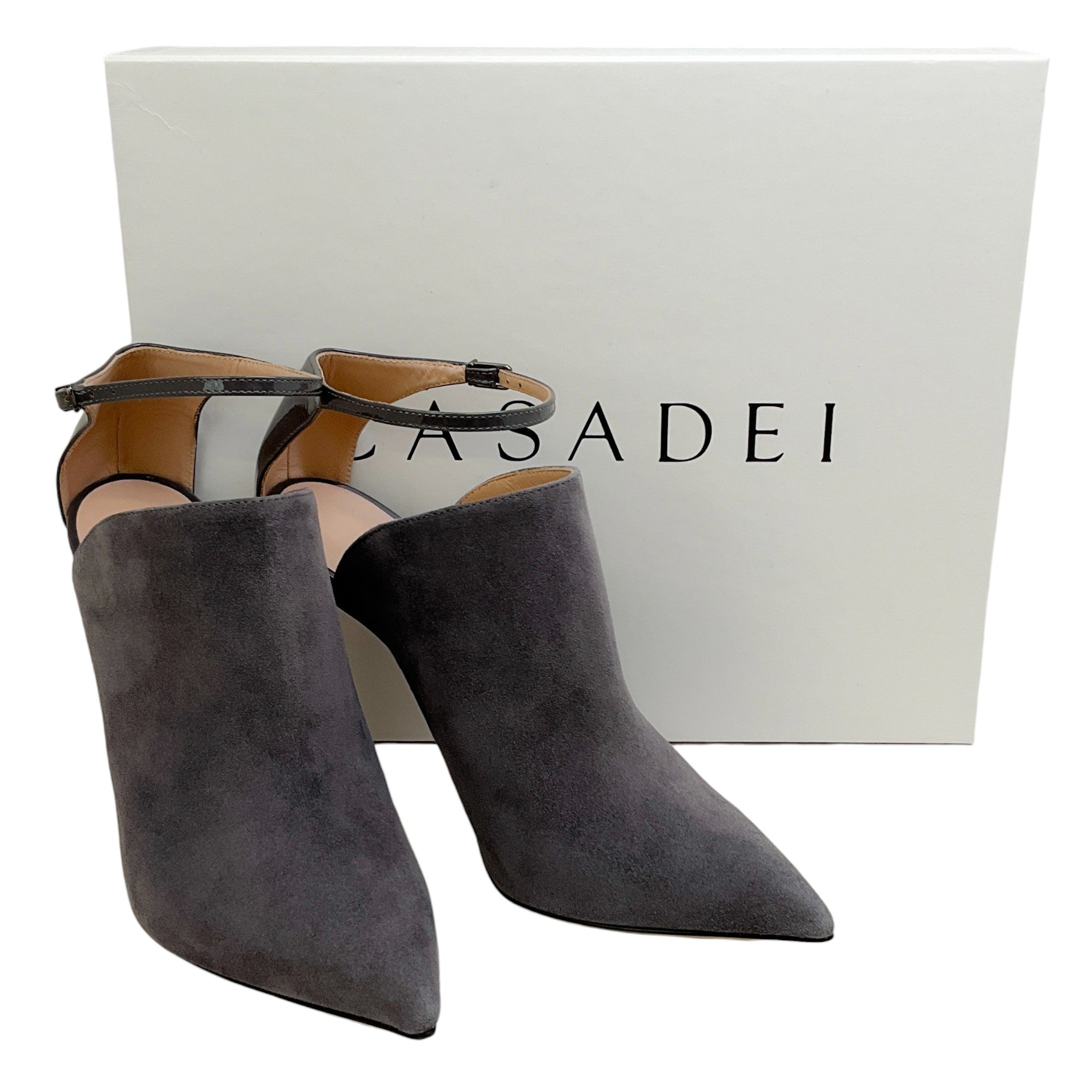 Casadei Gravity Grey Suede & Patent Leather Ankle Strap Shooties - Elegant Women's Heels for Parties, Weddings & Night Out
