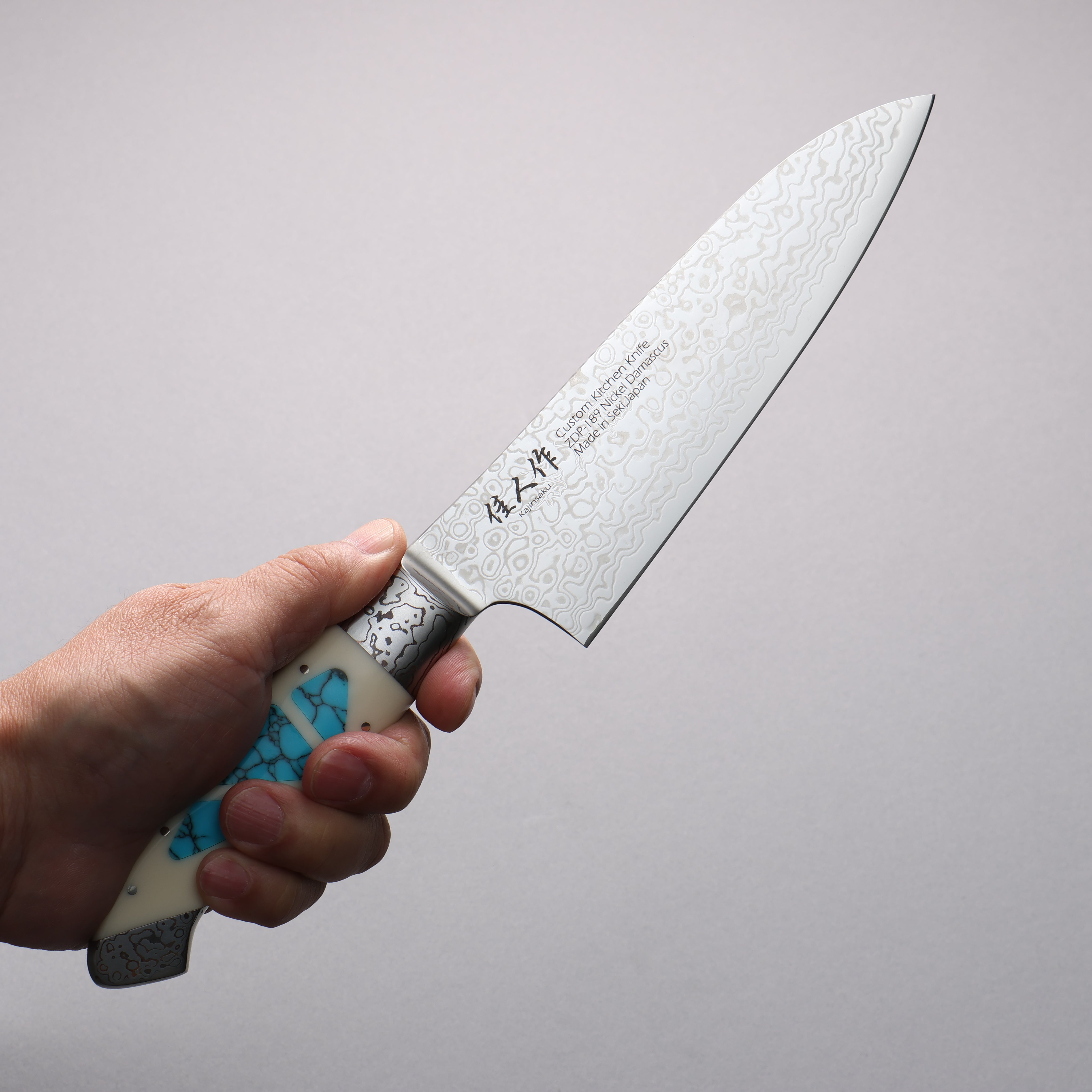 Premium Kajin ZDP-189 Damascus Steel Santoku Knife 165mm - Corian Handle with Turquoise Inlay - Japanese Kitchen Knife for Slicing, Dicing & Chopping Vegetables, Meat & Fish - Perfect Gift for Chefs & Cooking Enthusiasts