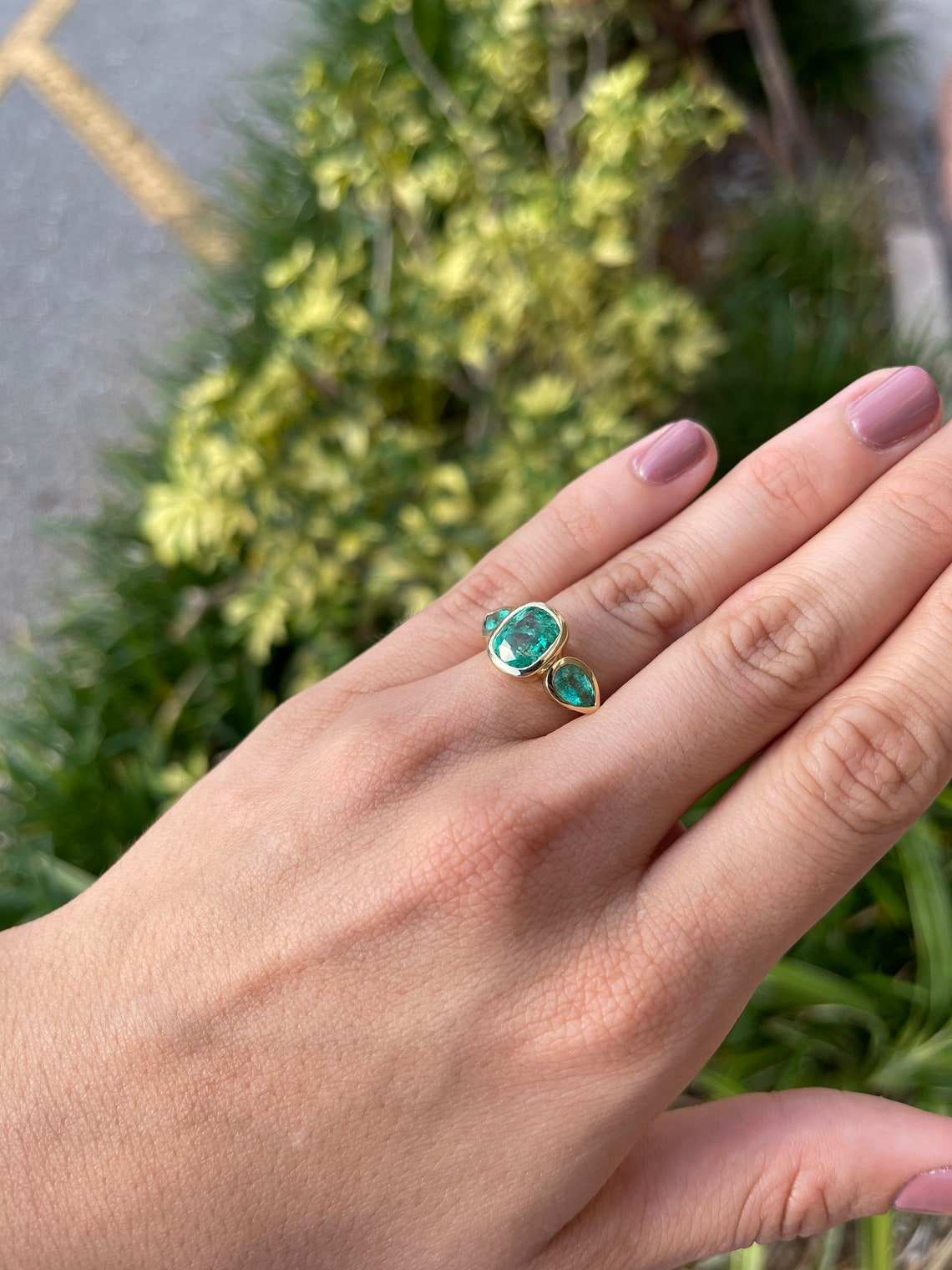 14K Gold Three Stone Cushion & Pear Emerald Ring (4.40tcw) - Elegant Jewelry for Engagement, Wedding & Special Occasions