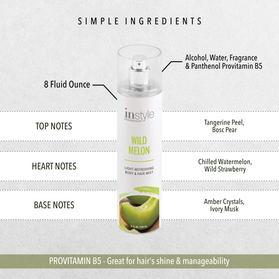 Instyle Fragrances Wild Melon Body & Hair Mist - 8oz Vegan Panthenol Spray | Clean, Paraben & Phthalate Free | Refreshing Summer Scent for Women, Gym & Travel