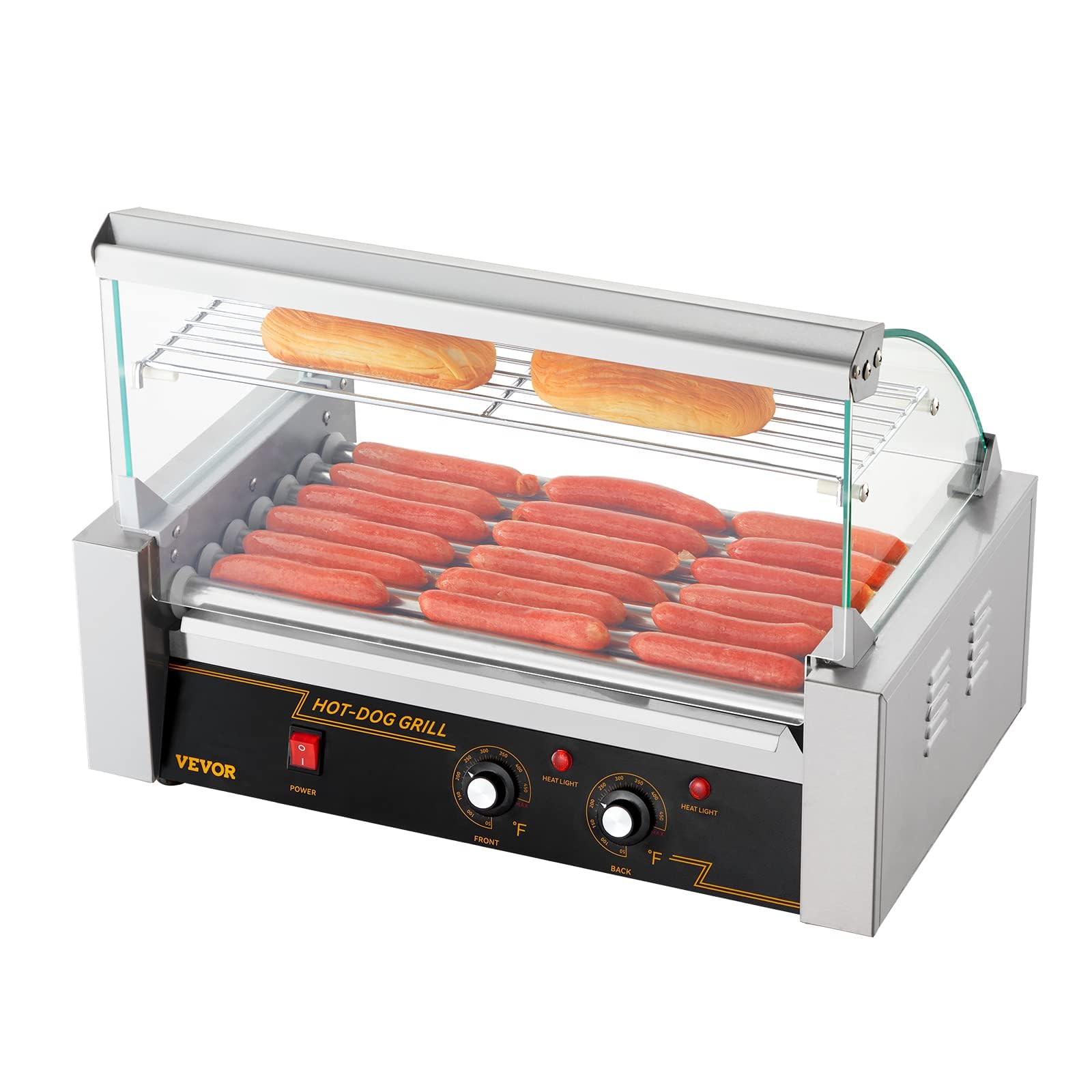VEVOR 18 Hot Dog Roller Machine - 1050W Commercial Stainless Steel Sausage Grill with 7 Rollers, Dual Temperature Control, LED Light & Detachable Drip Tray - Perfect for Restaurants, Food Trucks, Canteens and Home Kitchen Use