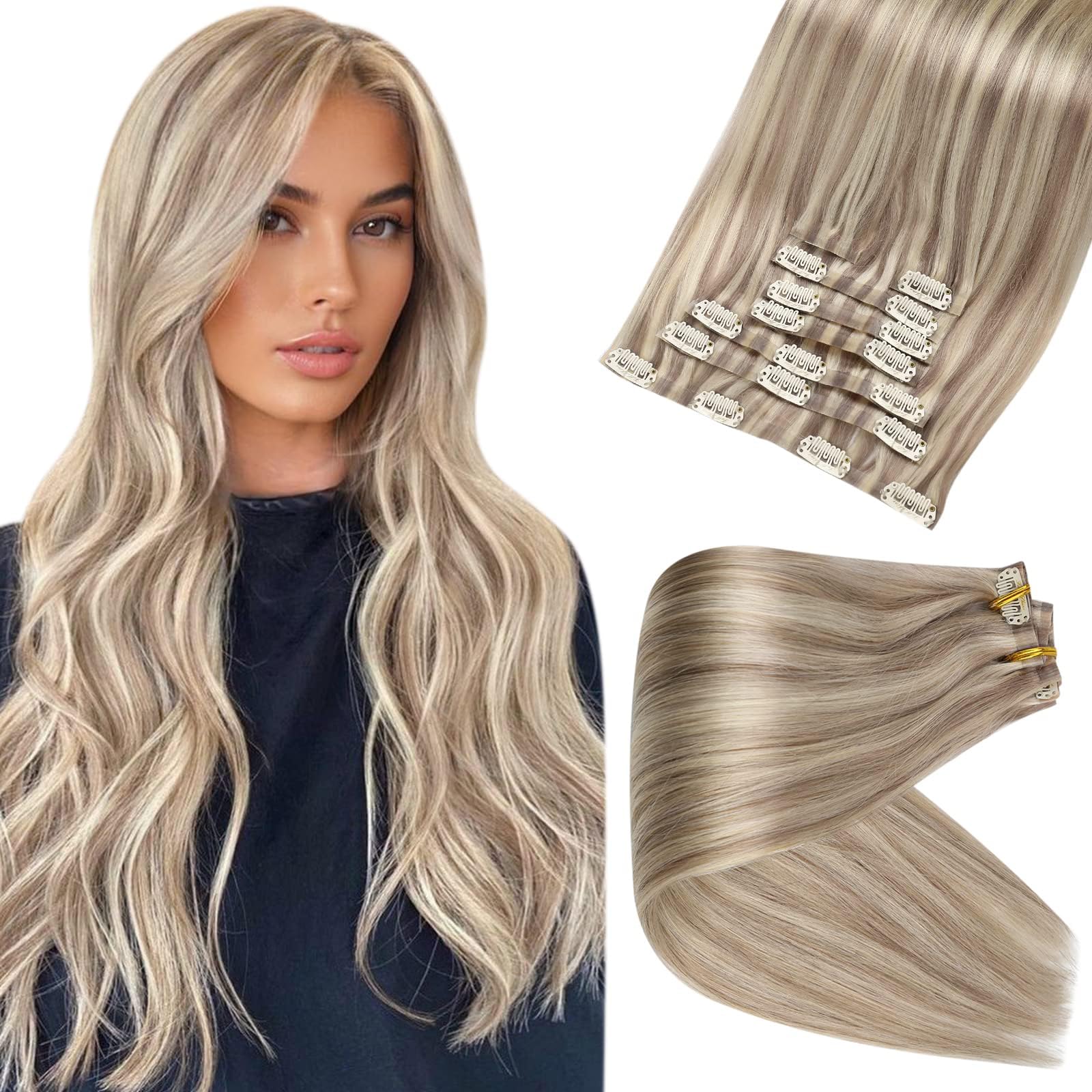 Clip in Hair Extensions 16 Inch 8 Pcs 120g - 100% Real Human Hair Ash Blonde with Thick Ends | Seamless Bleach Blonde Highlights for Women | Perfect for Parties, Weddings & Daily Styling