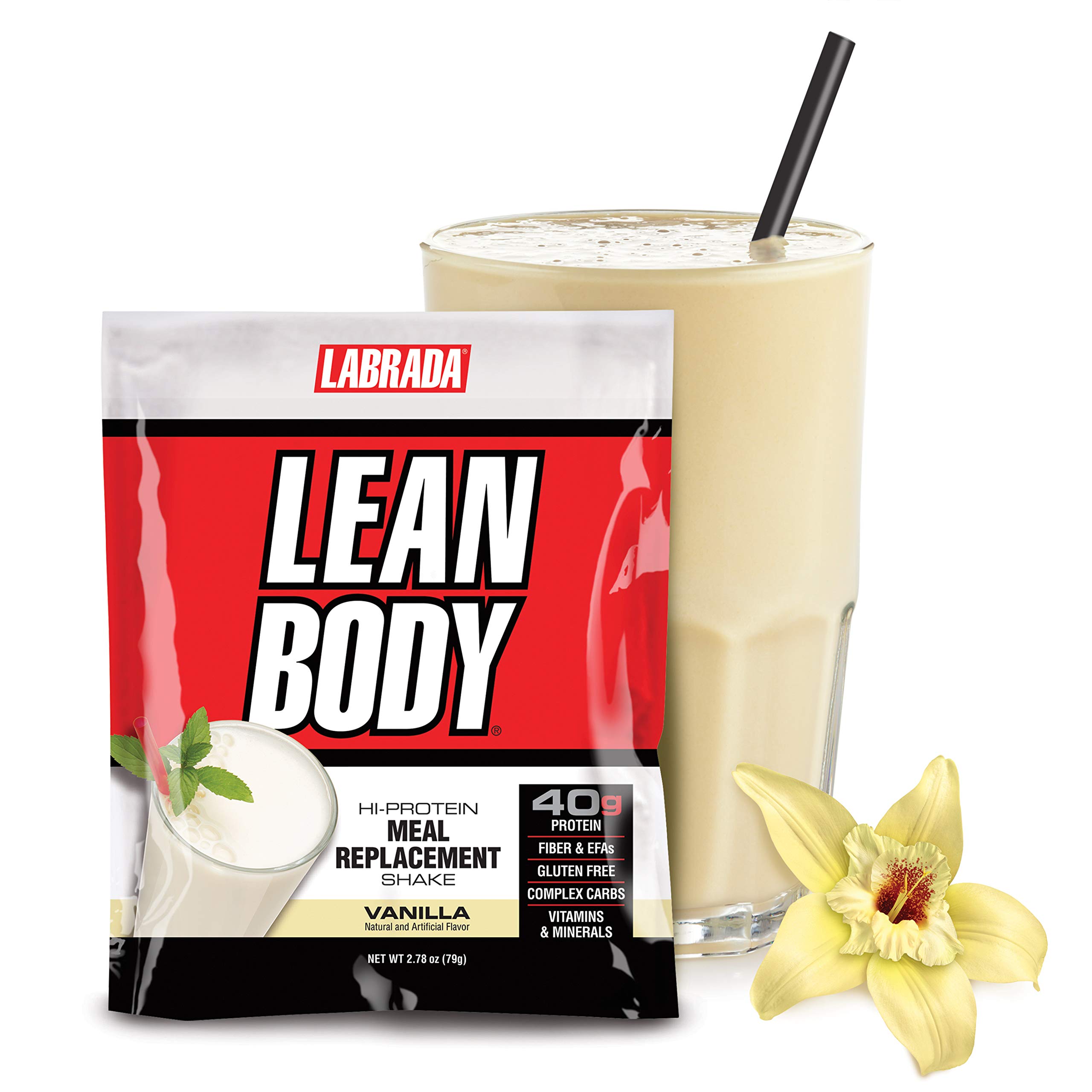 Labrada Lean Body MRP Vanilla Meal Replacement Shake - 40g Protein Whey Blend, 8g Healthy Fats & Fiber, 22 Vitamins & Minerals, Gluten Free (80 Packets) - Perfect for Post-Workout Recovery & Weight Management