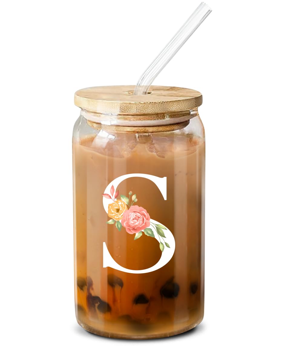 Personalized Monogrammed Gifts for Women - Custom Engraved 16oz Coffee Glass with Initials - Unique Birthday Gifts for Her, Friends, Girls - Perfect for Home, Office & Coffee Lovers