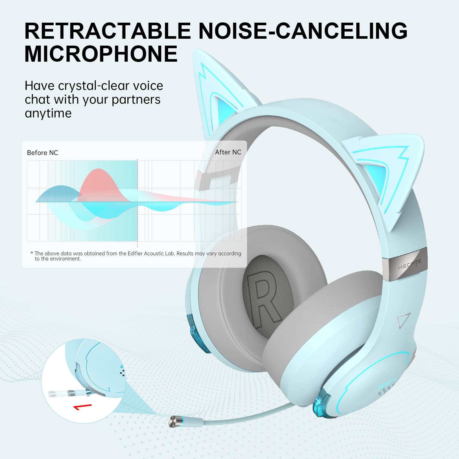 Edifier G5BT CAT Wireless Bluetooth Gaming Headset with Microphone - Over-Ear Detachable RGB Light Headphones for PC, PS5, PS4, Nintendo Switch (Sky Blue) - Perfect for Competitive Gaming & Late-Night Streaming Sessions
