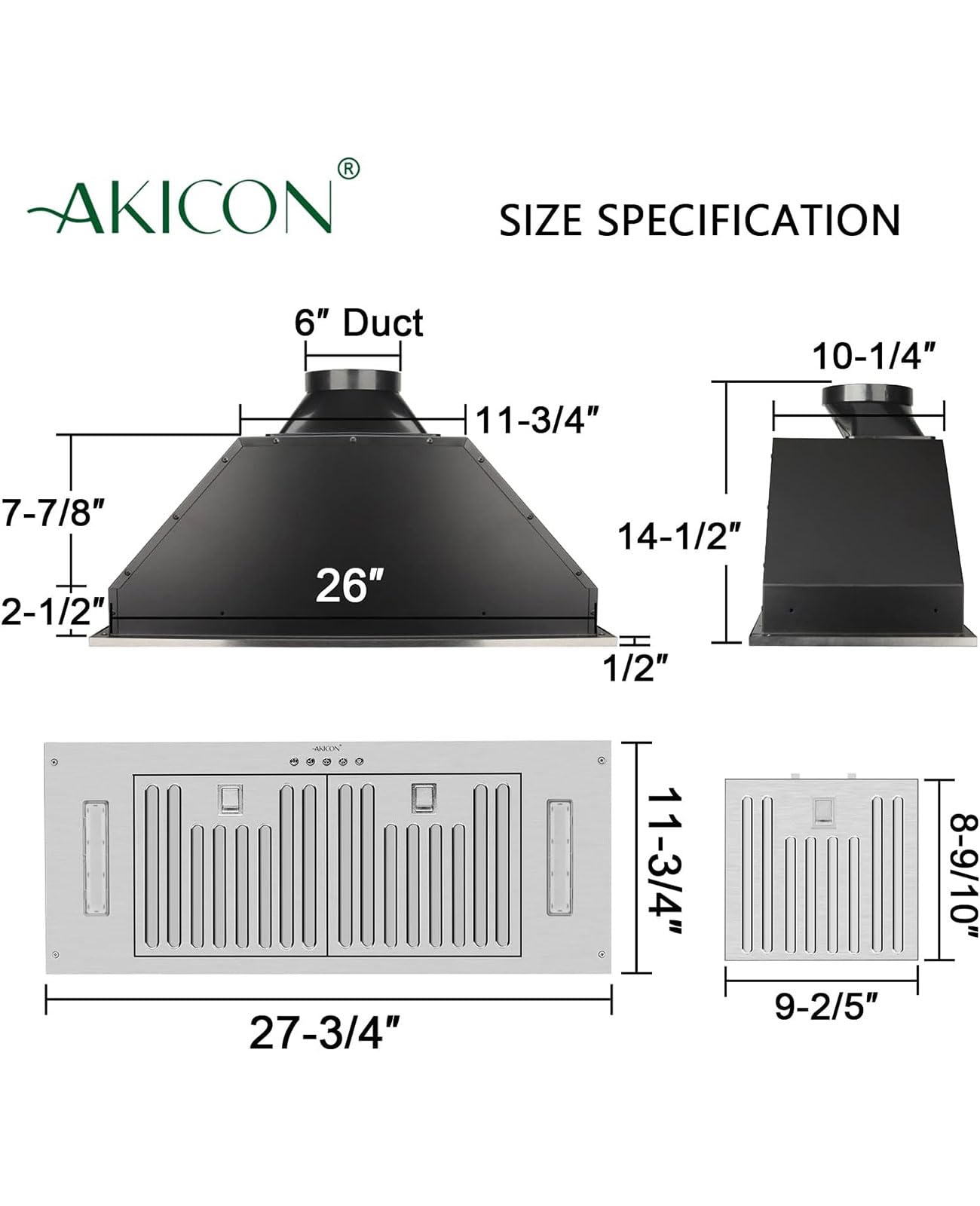 Akicon 30 Inch Stainless Steel Range Hood Insert - Ultra Quiet 600 CFM Ducted Kitchen Vent Hood with Powerful Suction, 3-Speed Settings, LED Lights & Dishwasher Safe Filters - Perfect for Built-In Kitchen Ventilation & Smoke Removal