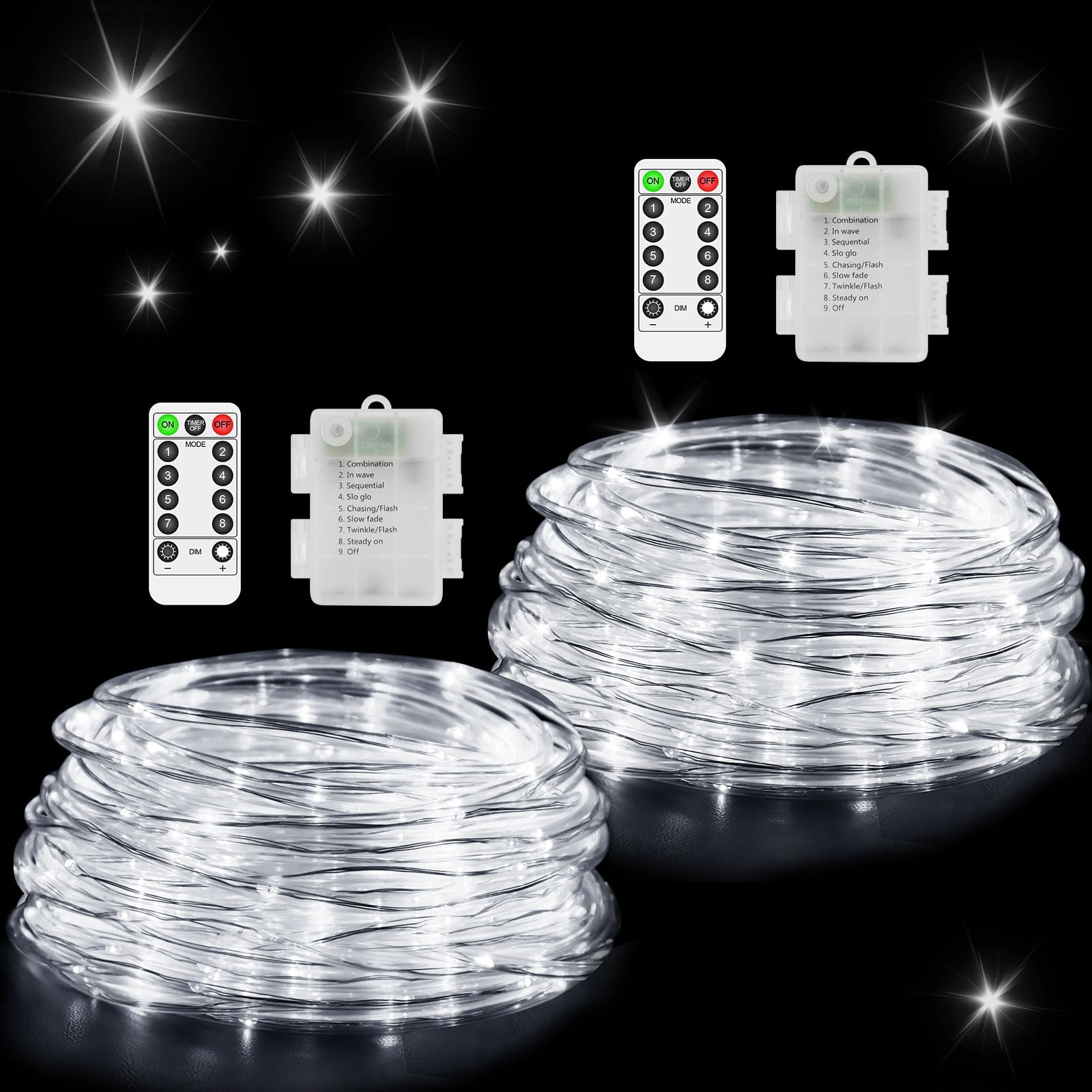 2 Pack 120LED Battery Operated Rope Lights - Waterproof Fairy String Lights with 8 Modes & Timer for Indoor Outdoor Christmas Decor, Bedroom, Tree, Patio (Cool White) - Perfect for Holiday Lighting, Party Decorations, and Garden Accents