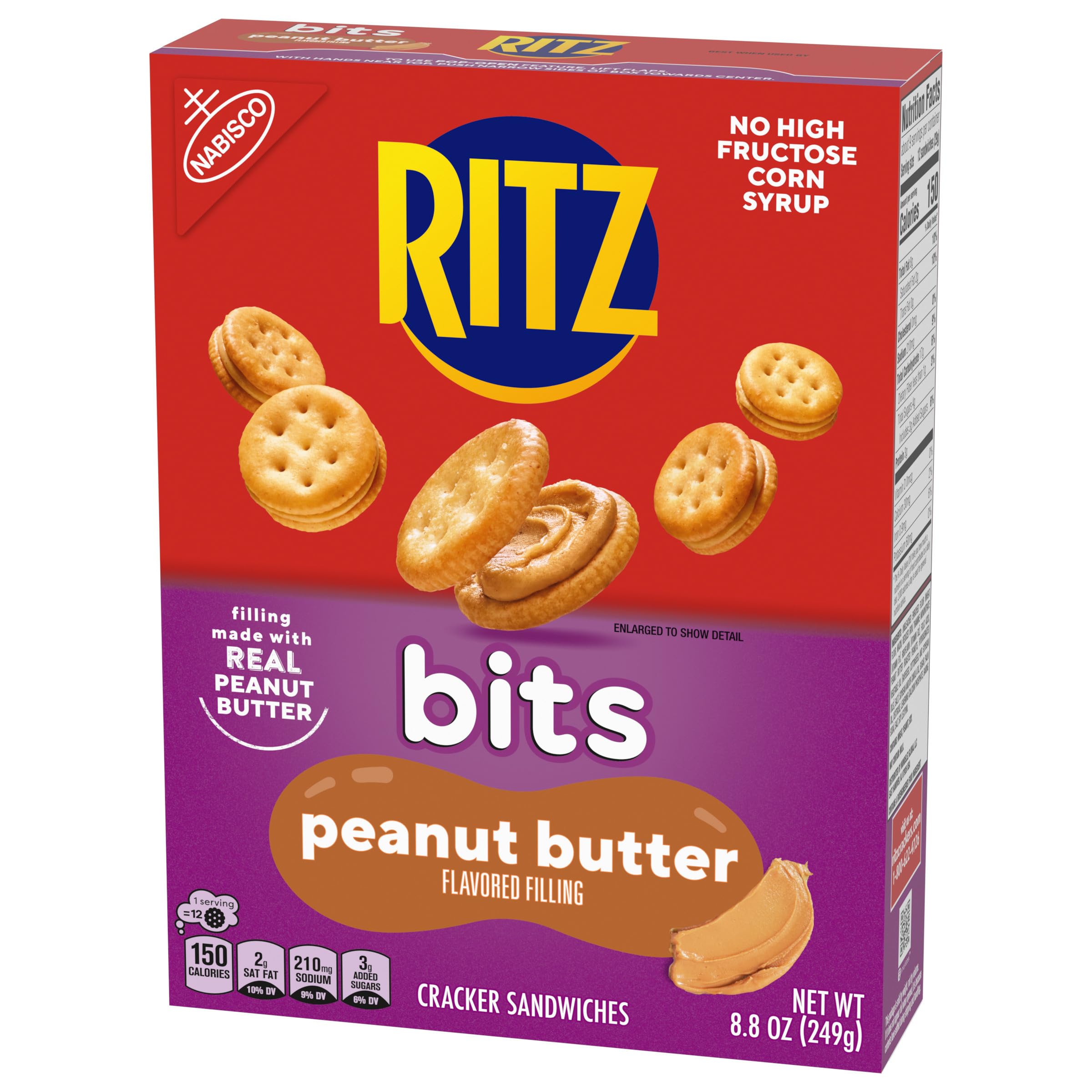 RITZ Bits Peanut Butter Sandwich Crackers - Crunchy Snack for Kids & Adults - 8.8 oz Pack - Perfect for School Lunches, Office Snacks & On-the-Go Treats