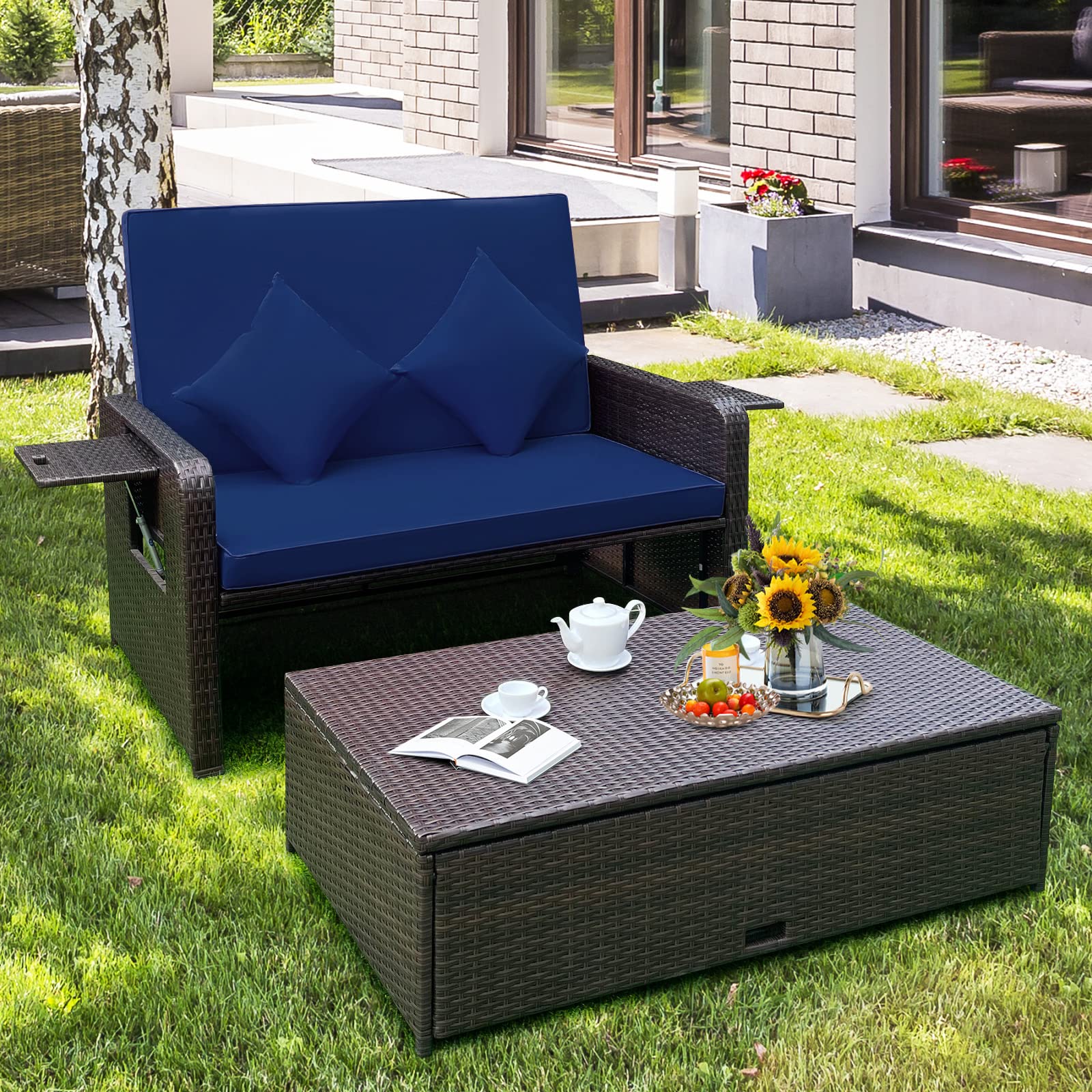 Tangkula Outdoor Rattan Daybed Set with Adjustable Backrest - Wicker Loveseat Sofa, Ottoman & Side Tray - Includes Storage Footstool & Cushions (Navy) - Perfect for Patio, Garden, Poolside & Backyard Relaxation