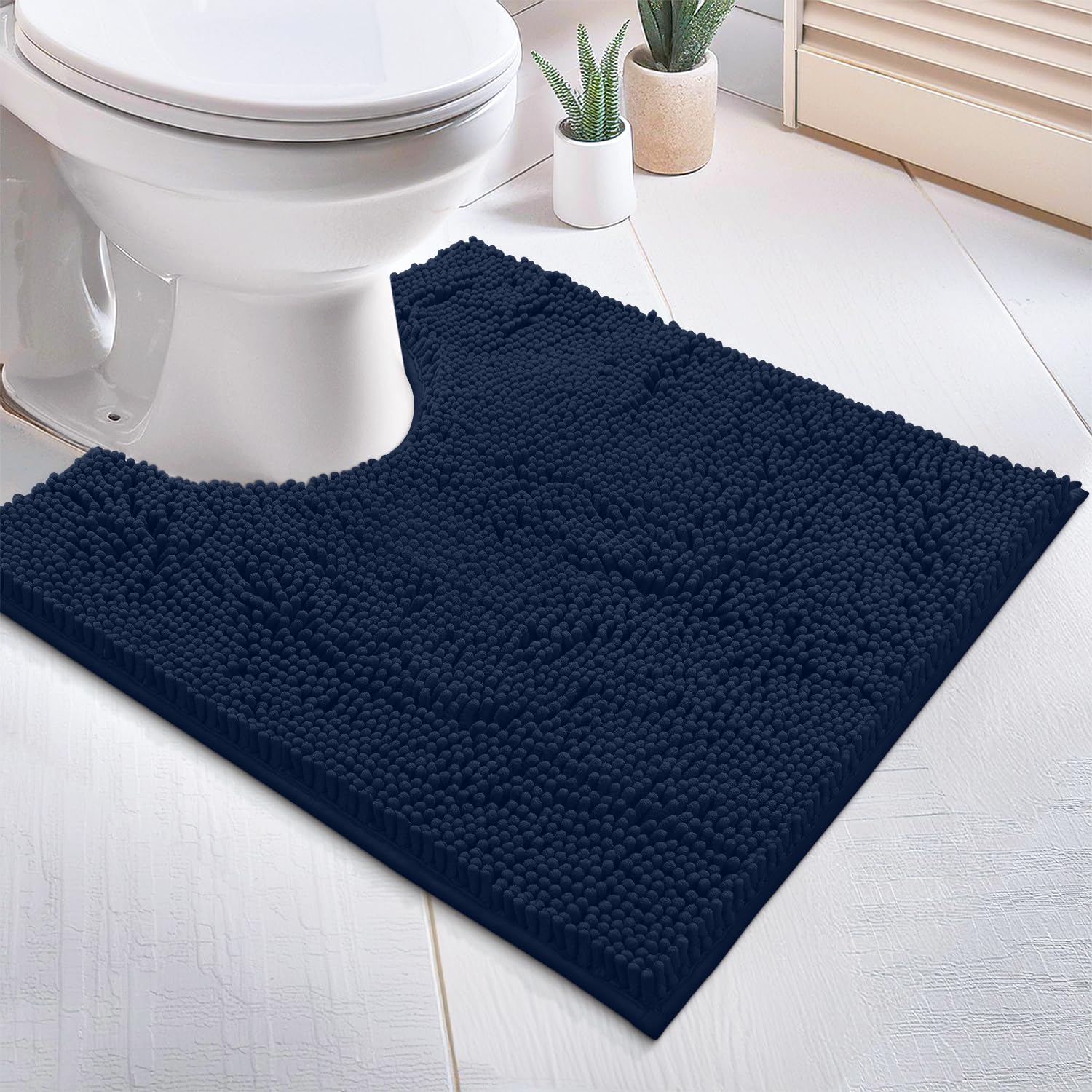 LuxUrux U-Shaped Toilet Bath Mat - Super Absorbent Non-Slip Contoured Rug for Toilet Base, Soft Plush Chenille Fabric, Machine Washable (20x20 Inches, Navy Blue) | Perfect Bathroom Floor Mat for Toilet Area, Prevents Slips & Absorbs Water Quickly