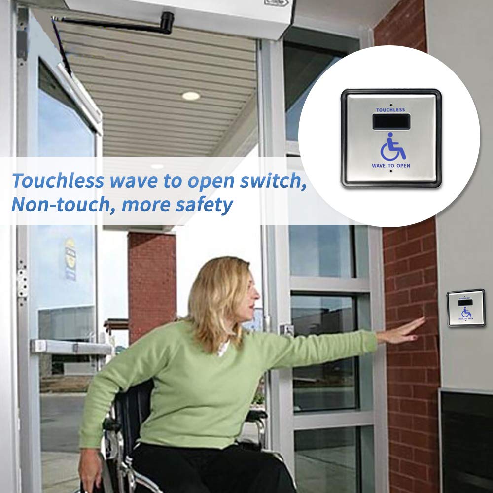 Olideauto Wireless Handicap Wave Sensor Switch - Automatic Door Opener with WiFi Function, 4.5'' Stainless Steel Square Panel (Model Olide-512N) - Ideal for ADA Compliant Restrooms, Hospitals & Public Facilities