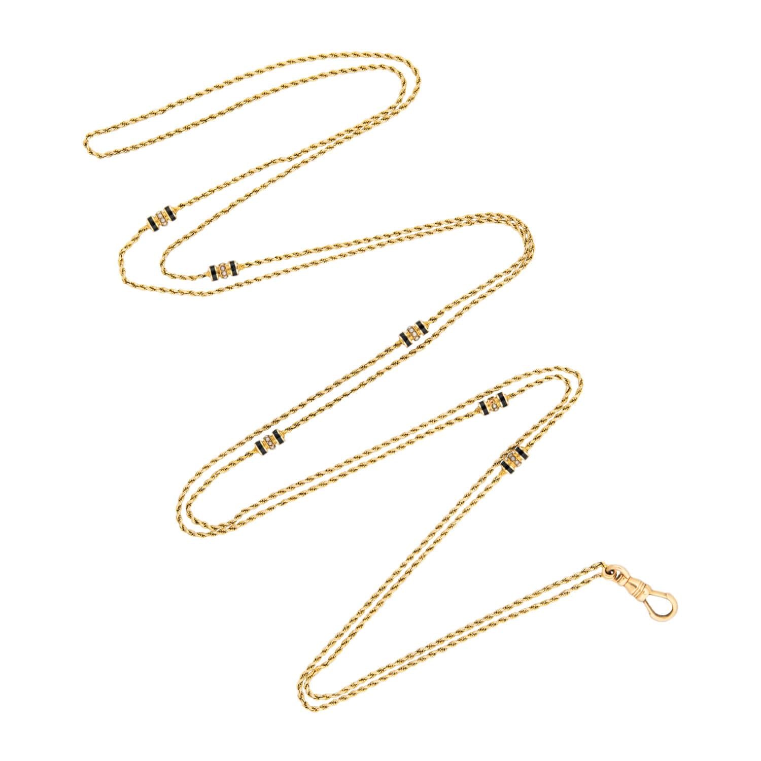 Antique Victorian 15k Gold Pearl & Enamel Watch Chain - Vintage Jewelry for Women, Pocket Watch Accessory - Perfect for Steampunk Costumes, Historical Reenactments & Gift Giving