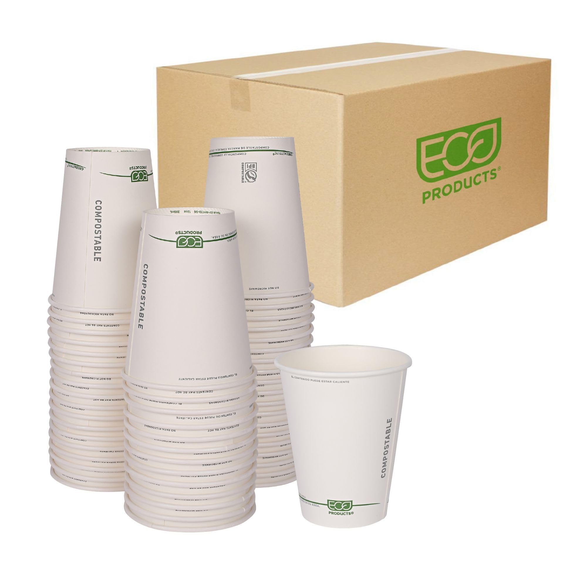 ECO PRODUCTS Compostable 12oz Coffee Cups - 1000 Count Case, White Single Wall Hot Paper Cups with Plant-Based PLA Lining | Biodegradable & Eco-Friendly Disposable Cups for Coffee Shops, Offices, and Events