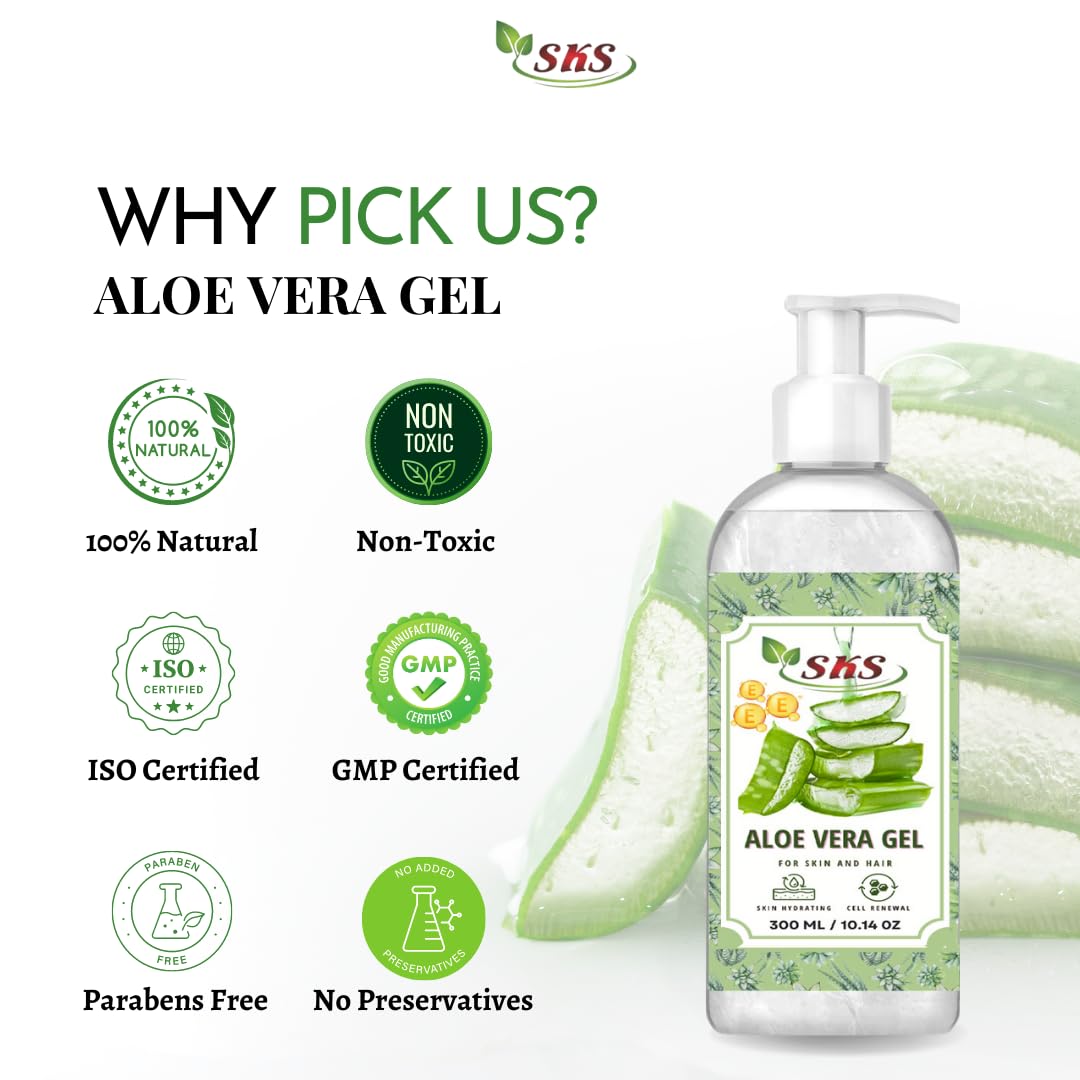 Pure Aloe Vera Gel with Vitamin E for Face & Hair – Hydrating, Moisturizing & Soothing Skin Care – 300ml – Perfect for Sunburn Relief, Daily Hydration & Hair Conditioning