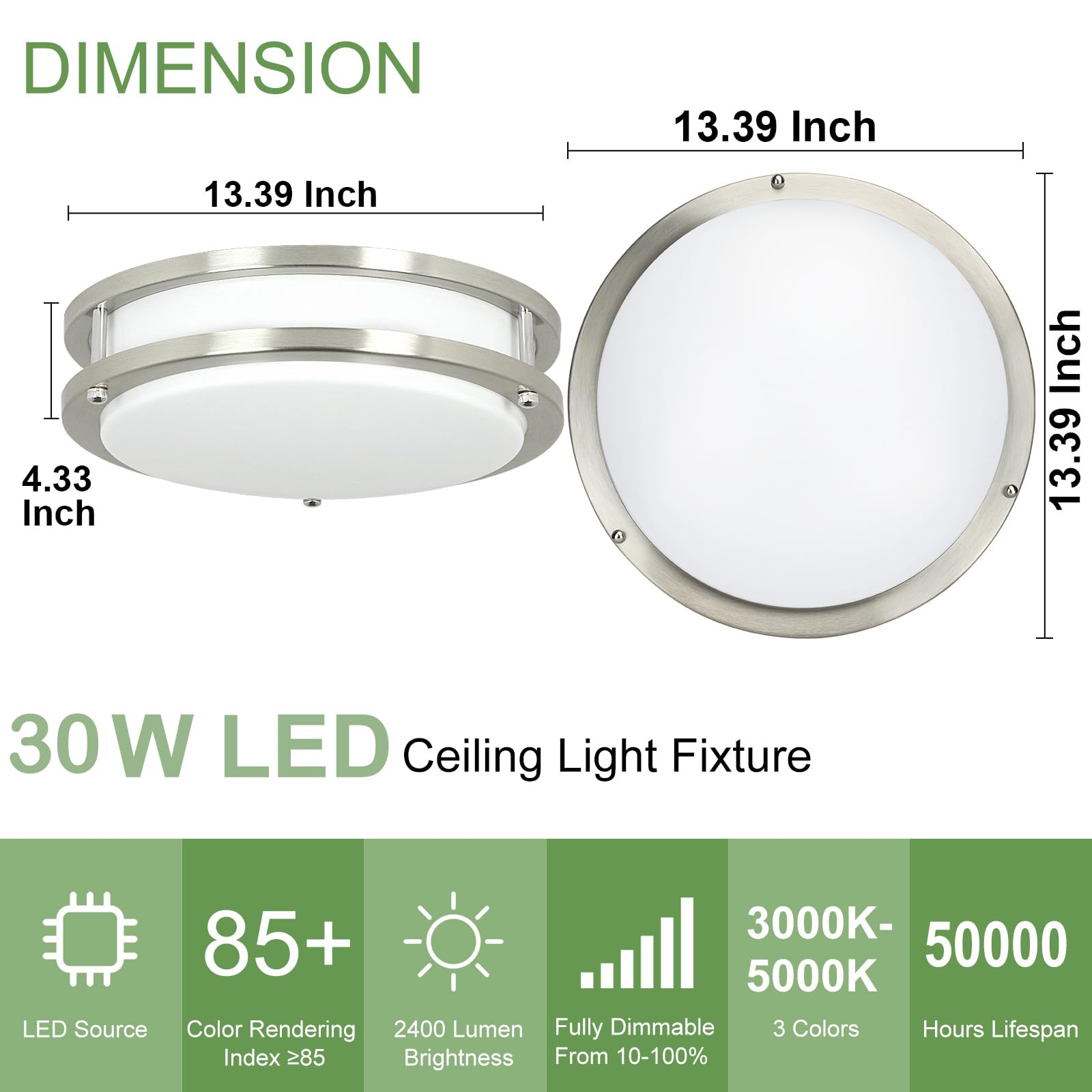 DINGLILIGHTING 30W LED Flush Mount Ceiling Light - 13 Inch Round Brushed Nickel Fixture with 3000K-6000K 5 Color Temperature Adjustable, Super Bright for Living Room Bedroom Kitchen Hallway - Modern Home & Office Lighting Solution