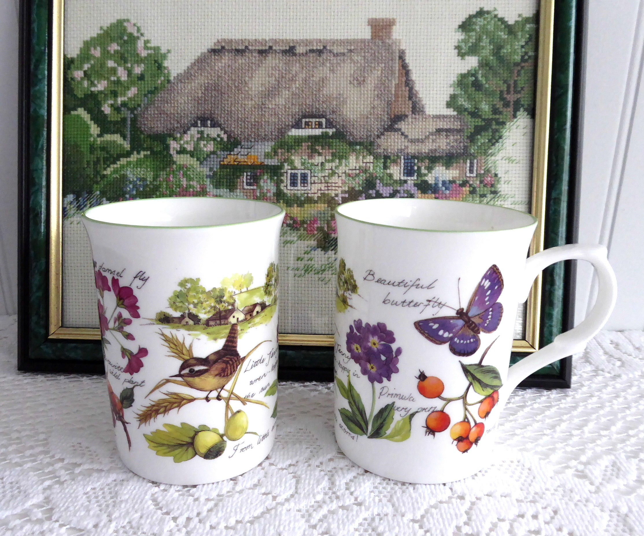 Vintage English Village Garden Birds Tea Mugs - Pair of Bone China Coffee Cups (1990s) - Perfect for Afternoon Tea, Collectors & Cottagecore Decor