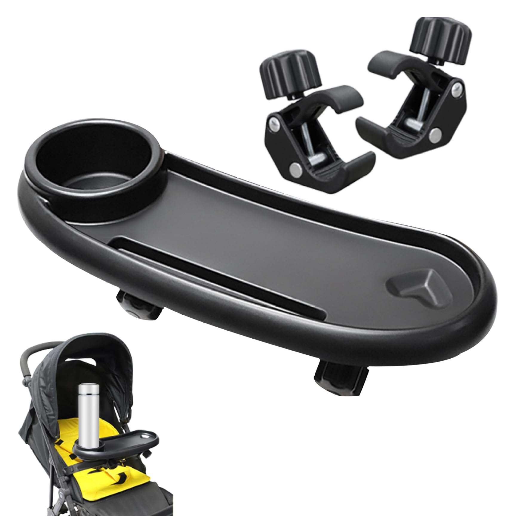 Universal Stroller Snack Tray with Cup Holder & Phone Pocket - Removable, Reusable Baby Pram Food Tray with Non-Slip Grip Clip for Stroller Bars (Black) - Perfect for On-the-Go Snacking, Park Outings & Stroller Walks