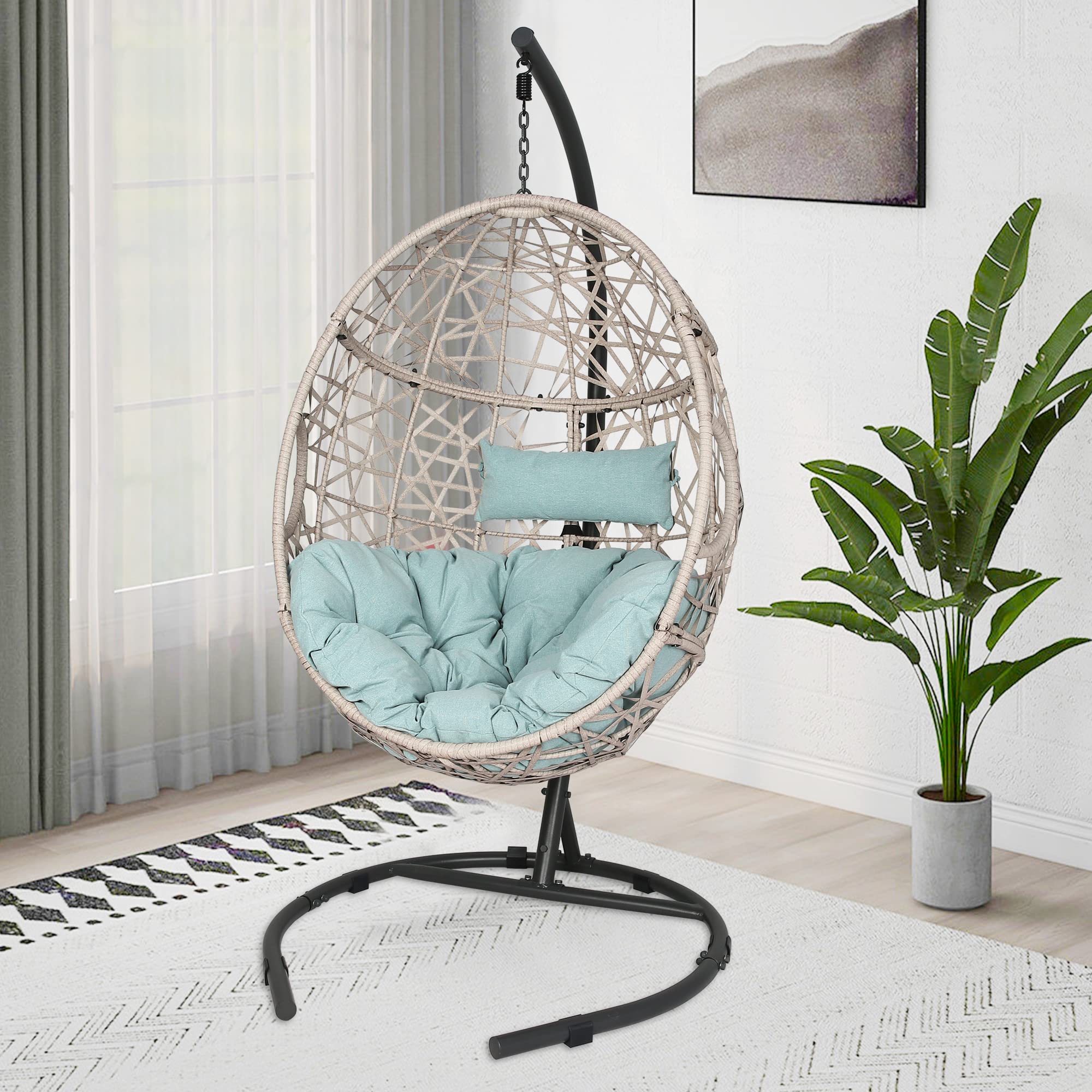 Outdoor Rattan Egg Hanging Swing Chair with Cushions & Stand - Blue Hammock Chair for Patio, Garden, Balcony - Perfect for Relaxing, Reading & Lounging