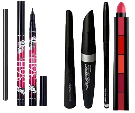 Long-Lasting 5-in-1 Lipstick & 36-Hour Eyeliner Set - Waterproof Kajal, Mascara, Lipliner (6-Piece Makeup Kit) for Party, Wedding & Everyday Glam