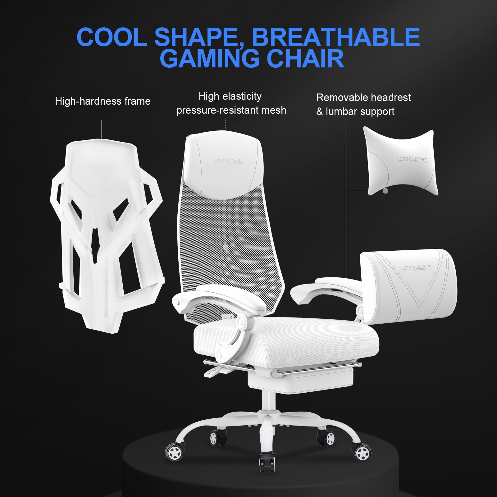 GTRACING Ergonomic Gaming Chair with Mesh Back, Adjustable Headrest & Lumbar Support, Reclining Computer Chair with Footrest for Home Office & Esports (White) - Perfect for Long Gaming Sessions & Work from Home Comfort