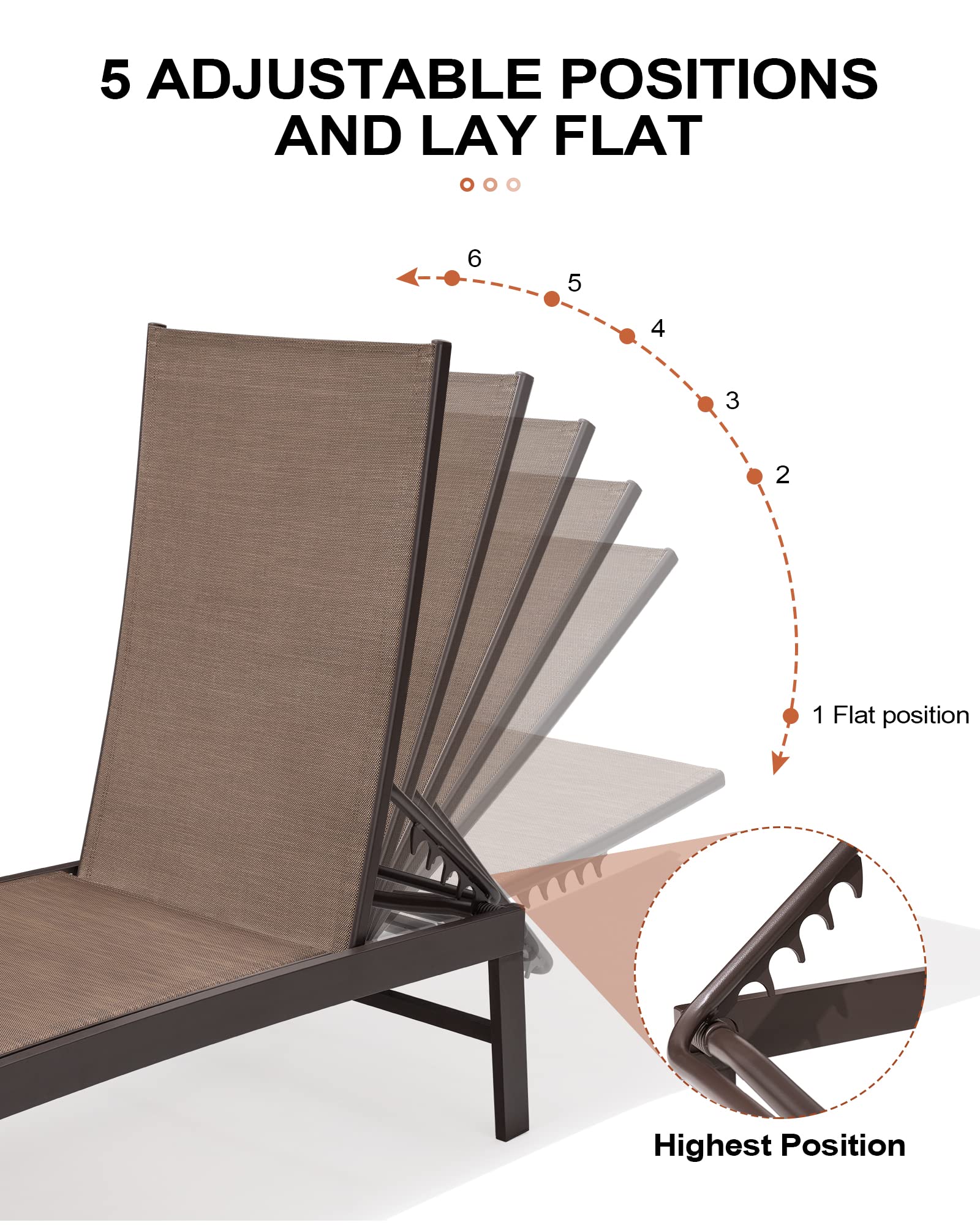 Crestlive 2-Piece Outdoor Aluminum Pool Chaise Lounge Chairs Set - Adjustable 5-Position Tanning Recliner - All-Weather Patio, Beach, Yard & Pool Furniture (Brown) - Perfect for Sunbathing, Relaxing by the Pool or Backyard Lounging
