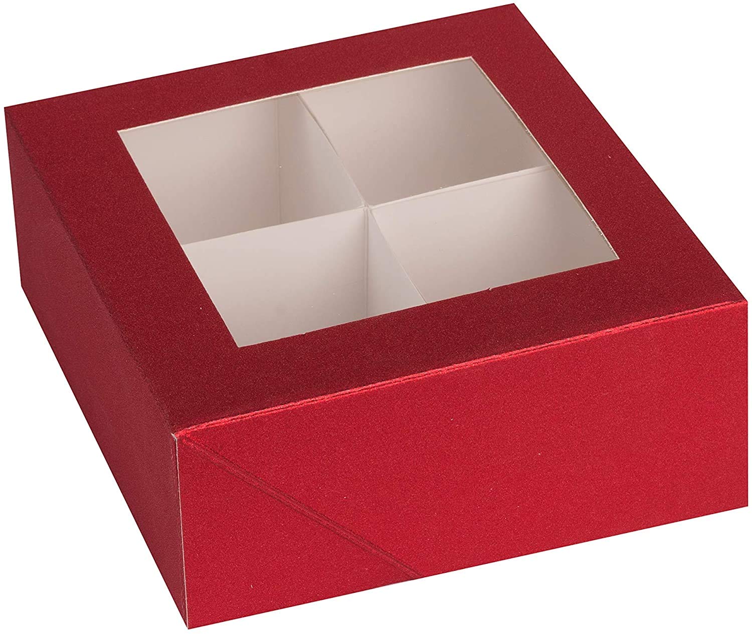 Hammont 4-Section Window Bakery Box - Red Unique Design for Snacks, Cookies, Pastries | Bulk 72-Pack | 6”x6”x2.5” | Perfect for Parties, Gifts & Retail Display