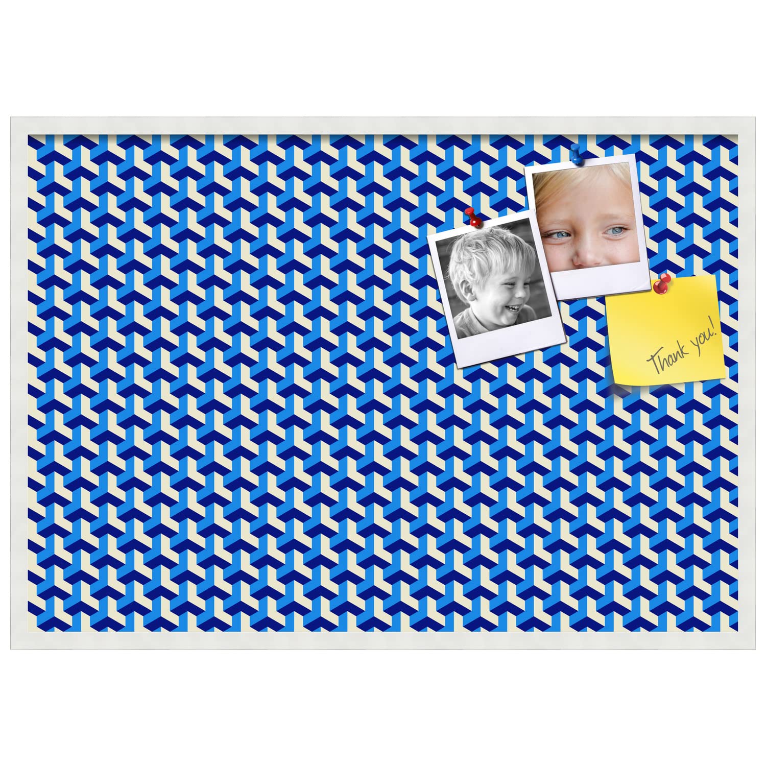 PinPix 40x28 Inch Cork Bulletin Board with BAUS Blue Beige Design & Satin White Frame - Decorative Framed Pin Board for Home Office School Decor - Perfect for Notes, Photos, Reminders & Wall Organization